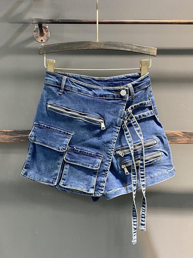 JYHBHMZG Women's Irregular Multi-Pocket Design Denim Shorts Skirts,High Waist,Loose Fit,Wide Leg Jeans for Spring