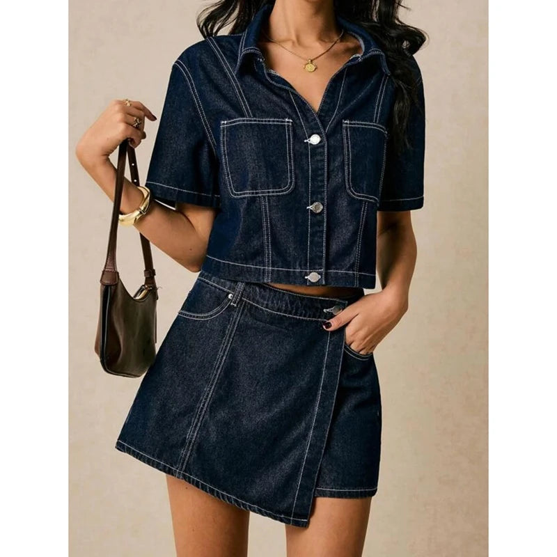 Women Summer 2Piece Y2K Retro Denim Outfits Set Lapel Neck Lapel Button-down Shirt+ Asymmetric A-line Wide Leg Skorts