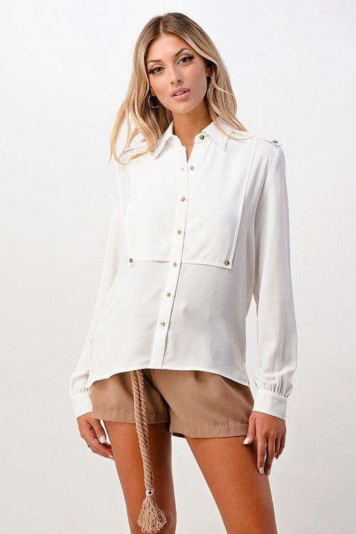 Long Sleeve Button-Down Blouse with Gold Button Accents