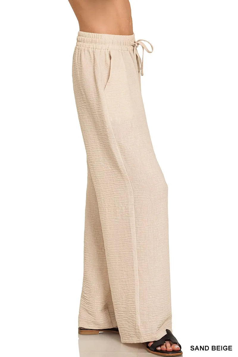 Zenana Woven Crepe Elastic Band Pants