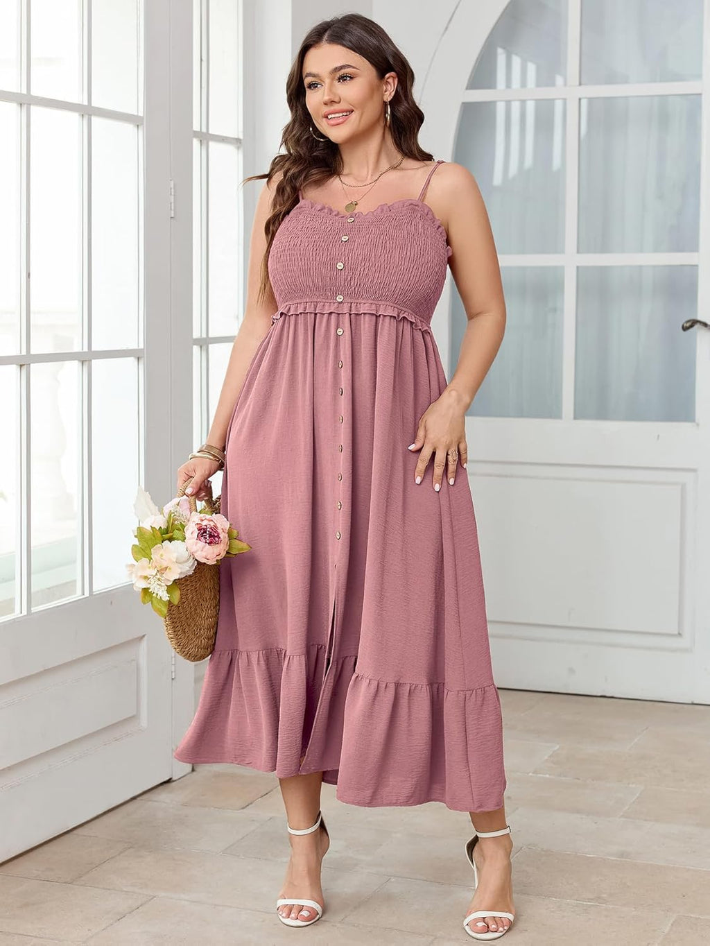 SCOMCHIC Womens Plus Size Summer Dresses Sleeveless Spaghetti Strap Button Down Smocked Beach Long Maxi Dress with Slit