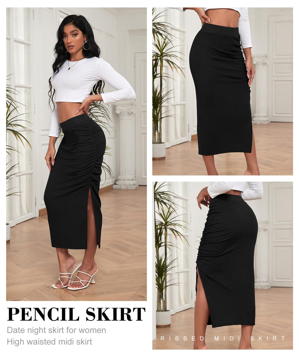 EARKOHA Pencil Midi Skirt for Women 2024 Fall Casual High Waist Ruched Ribbed Knit Stretchy Bodycon Skirt with Slit