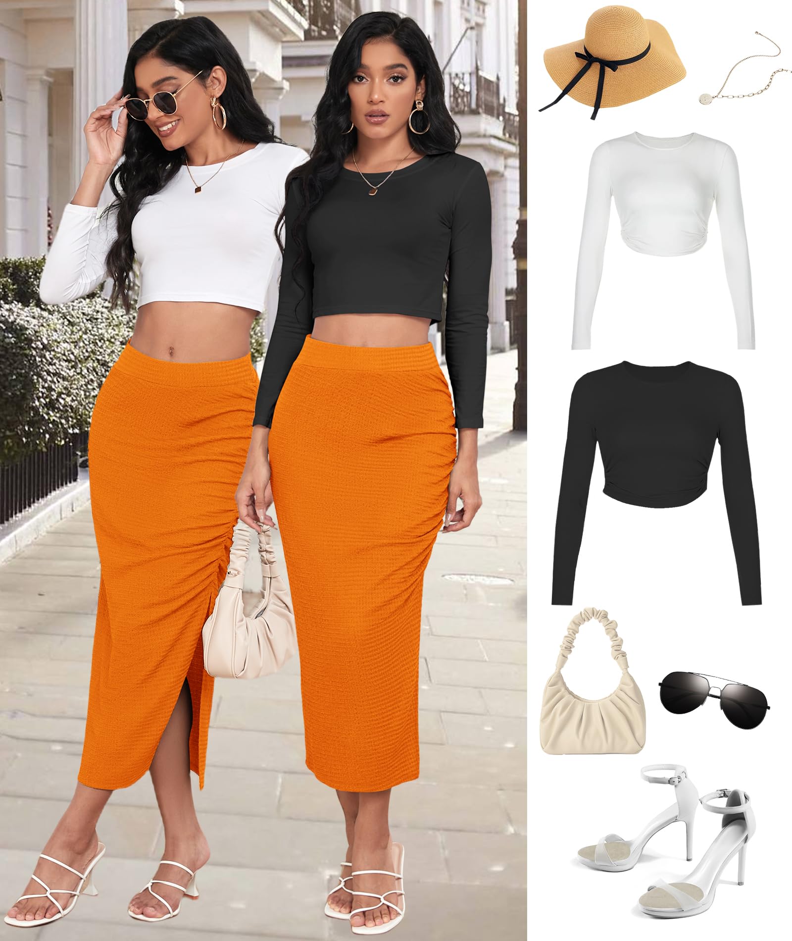 EARKOHA Pencil Midi Skirt for Women 2024 Fall Casual High Waist Ruched Ribbed Knit Stretchy Bodycon Skirt with Slit