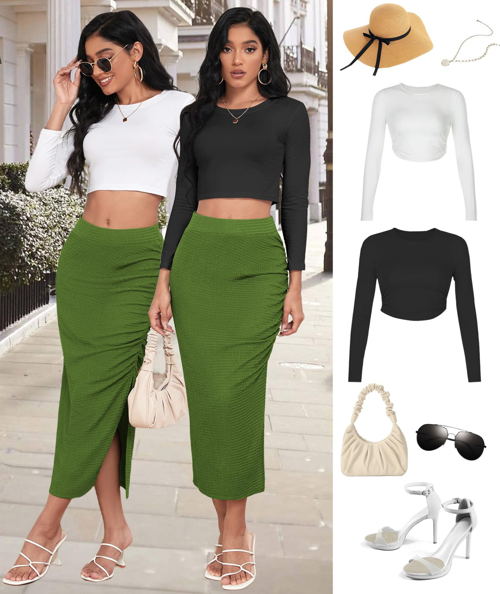 EARKOHA Pencil Midi Skirt for Women 2024 Fall Casual High Waist Ruched Ribbed Knit Stretchy Bodycon Skirt with Slit