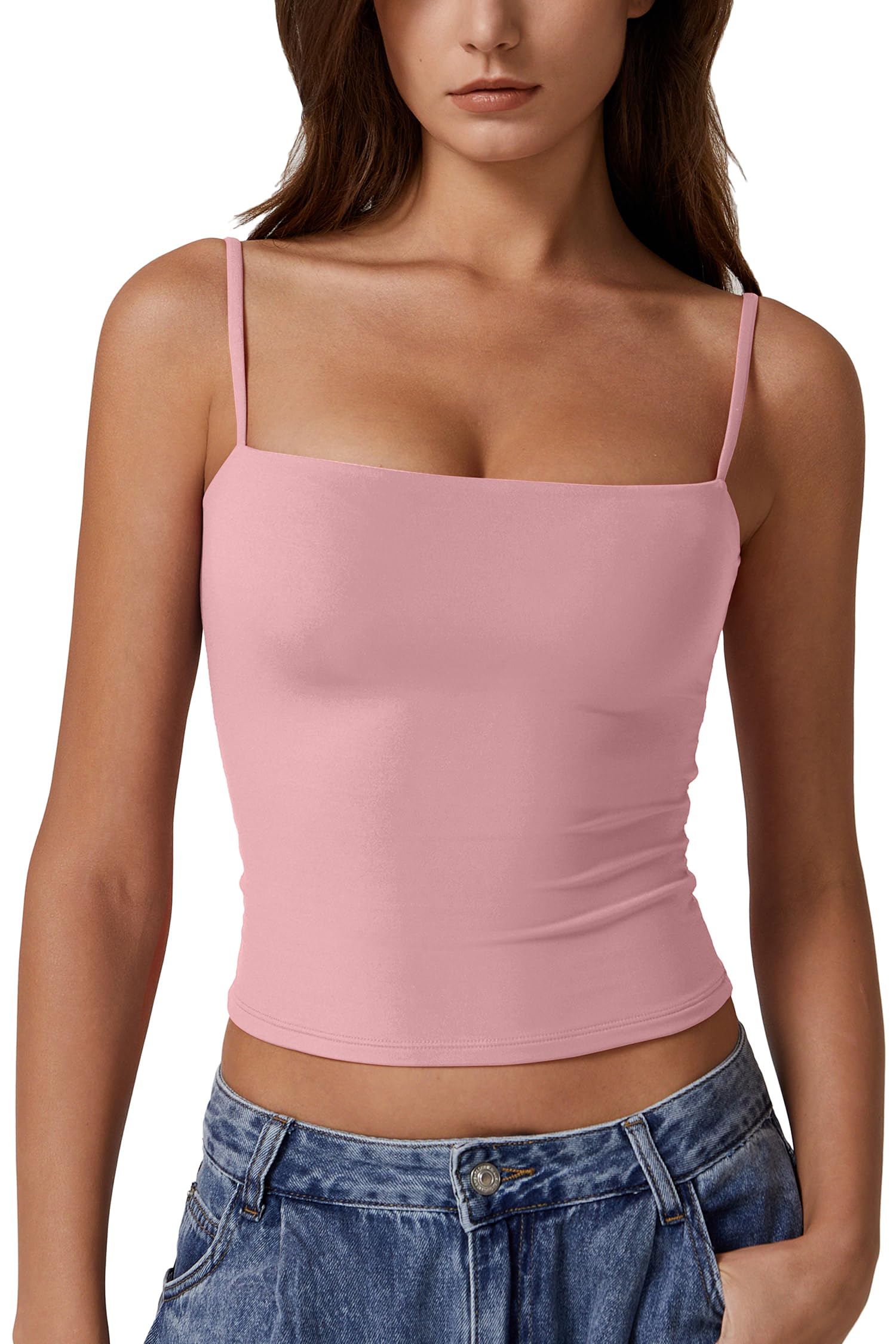 QINSEN Women's Double Lined Basic Tank Top Adjustable Spaghetti Straps Sleeveless Camisole Shirts
