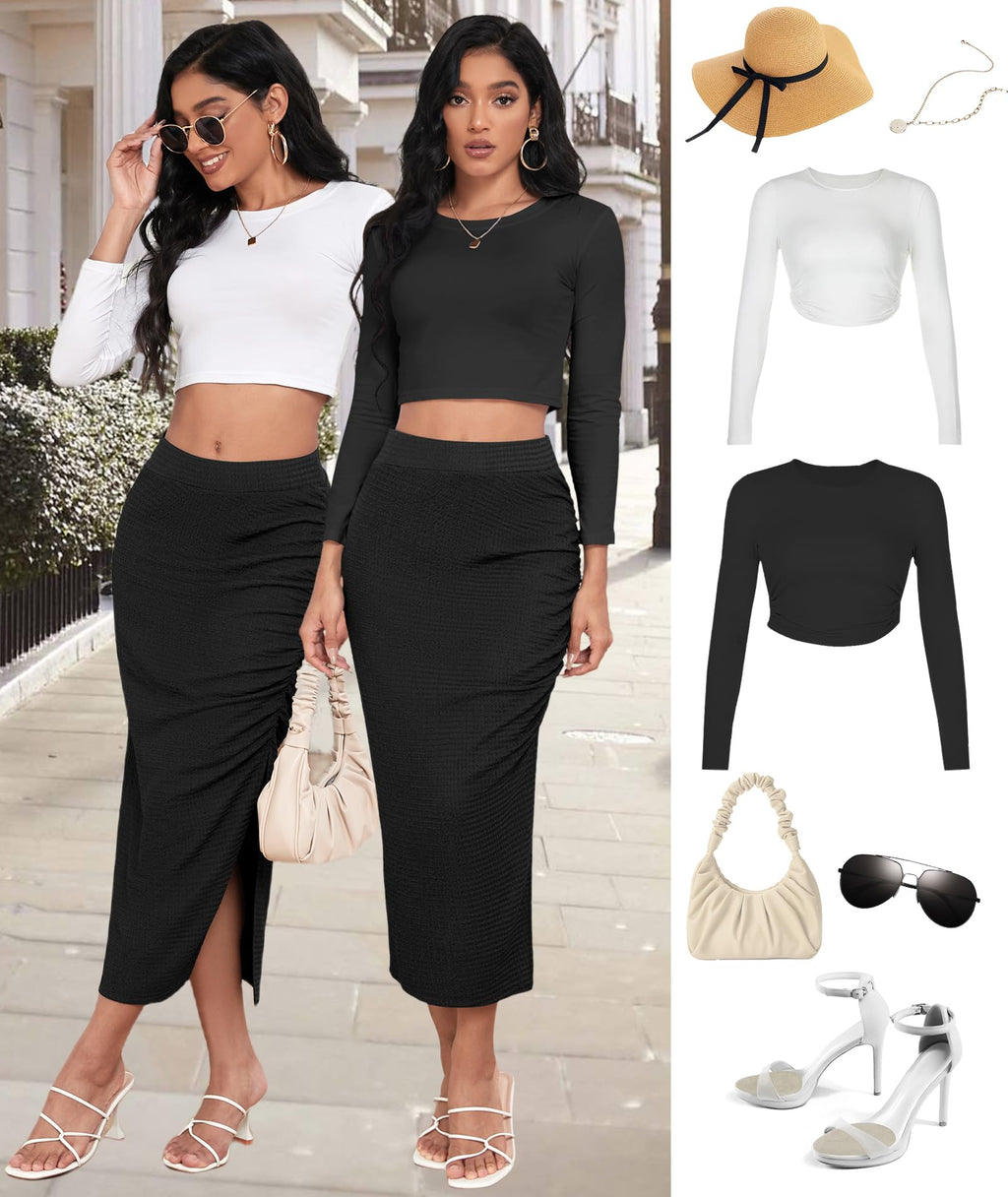 EARKOHA Pencil Midi Skirt for Women 2024 Fall Casual High Waist Ruched Ribbed Knit Stretchy Bodycon Skirt with Slit