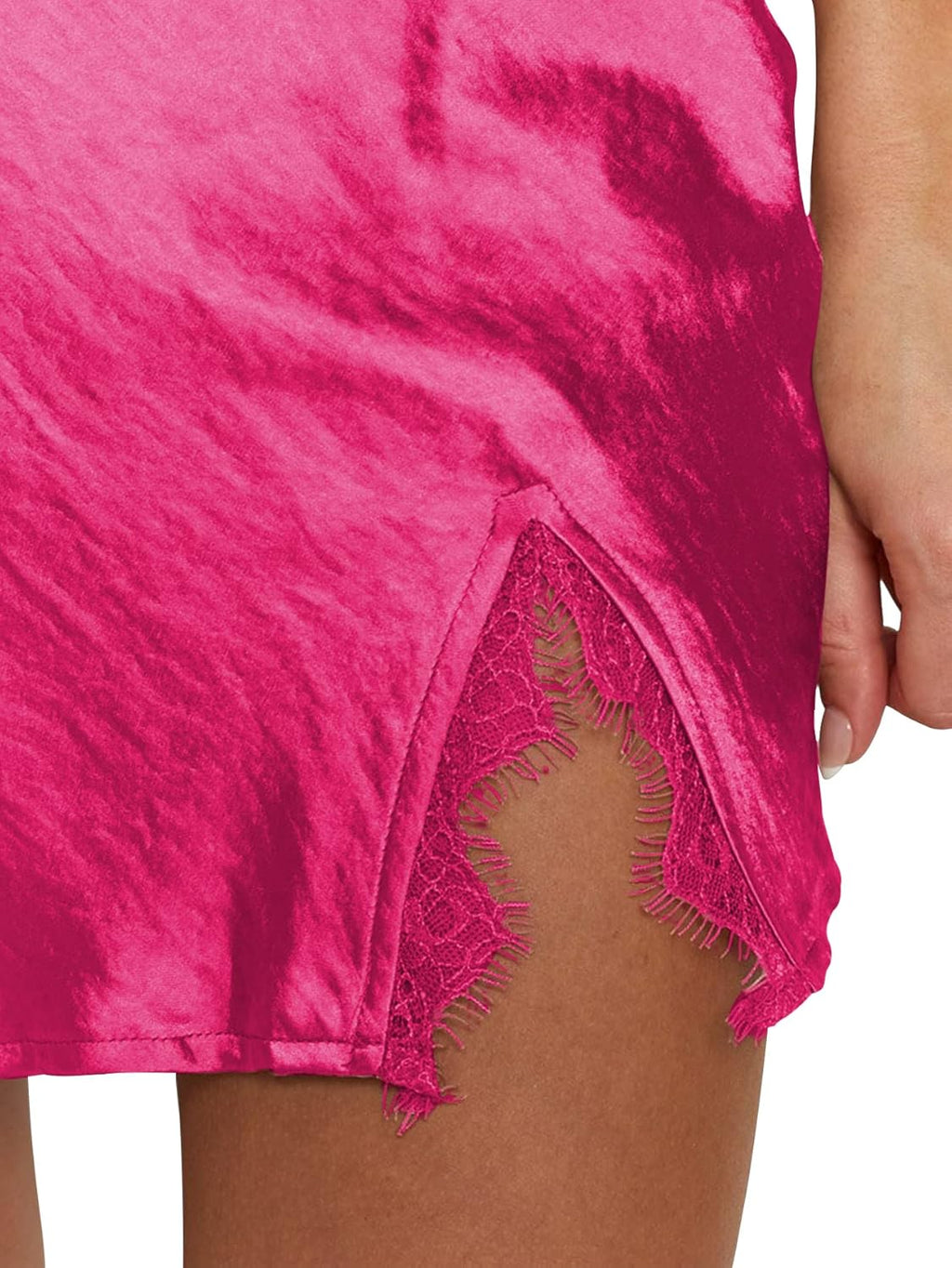 LYANER Women's Satin Lace Trim Split Slit Hem Zipper High Wasit Mini Short Skirt