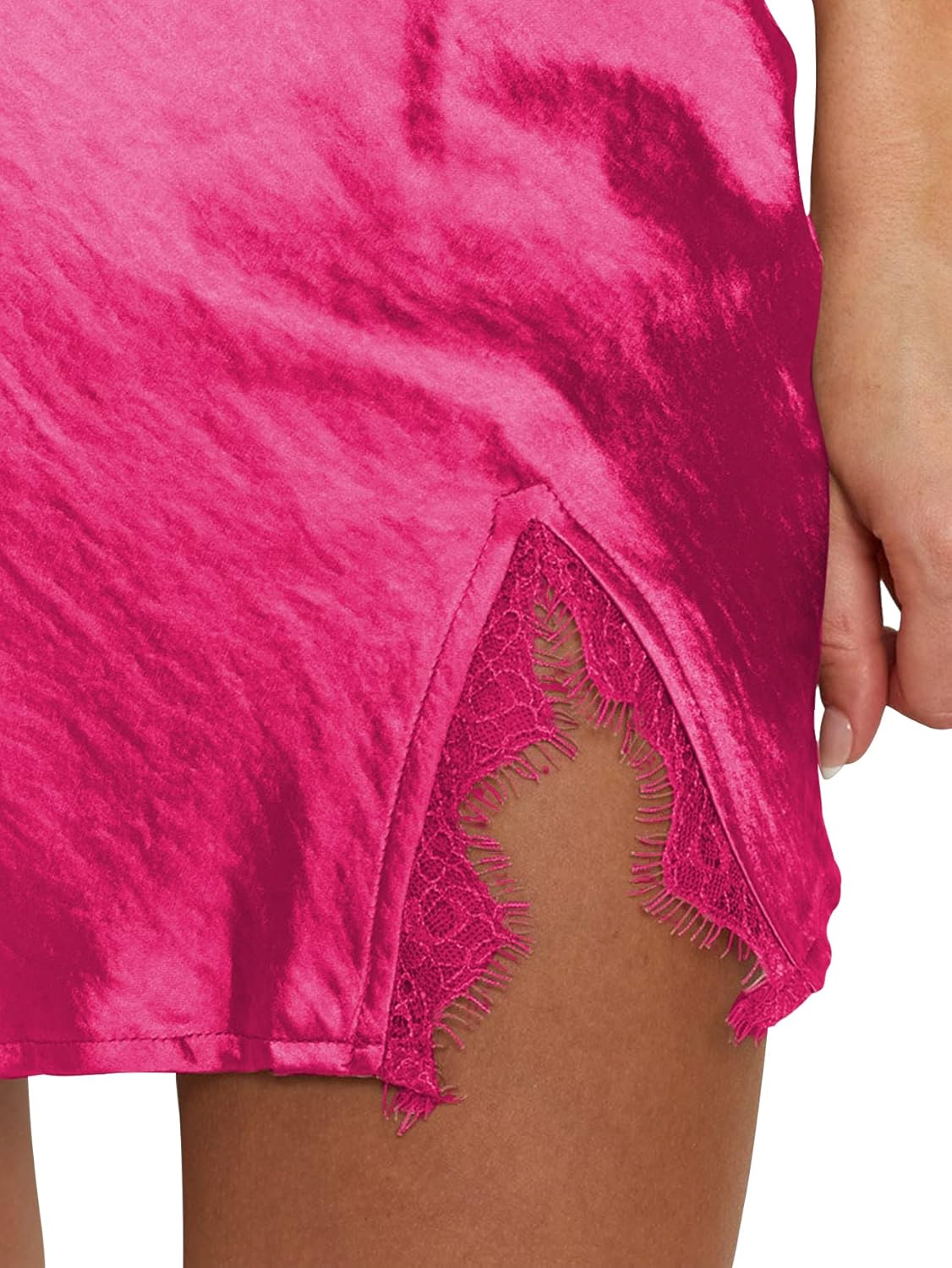 LYANER Women's Satin Lace Trim Split Slit Hem Zipper High Wasit Mini Short Skirt