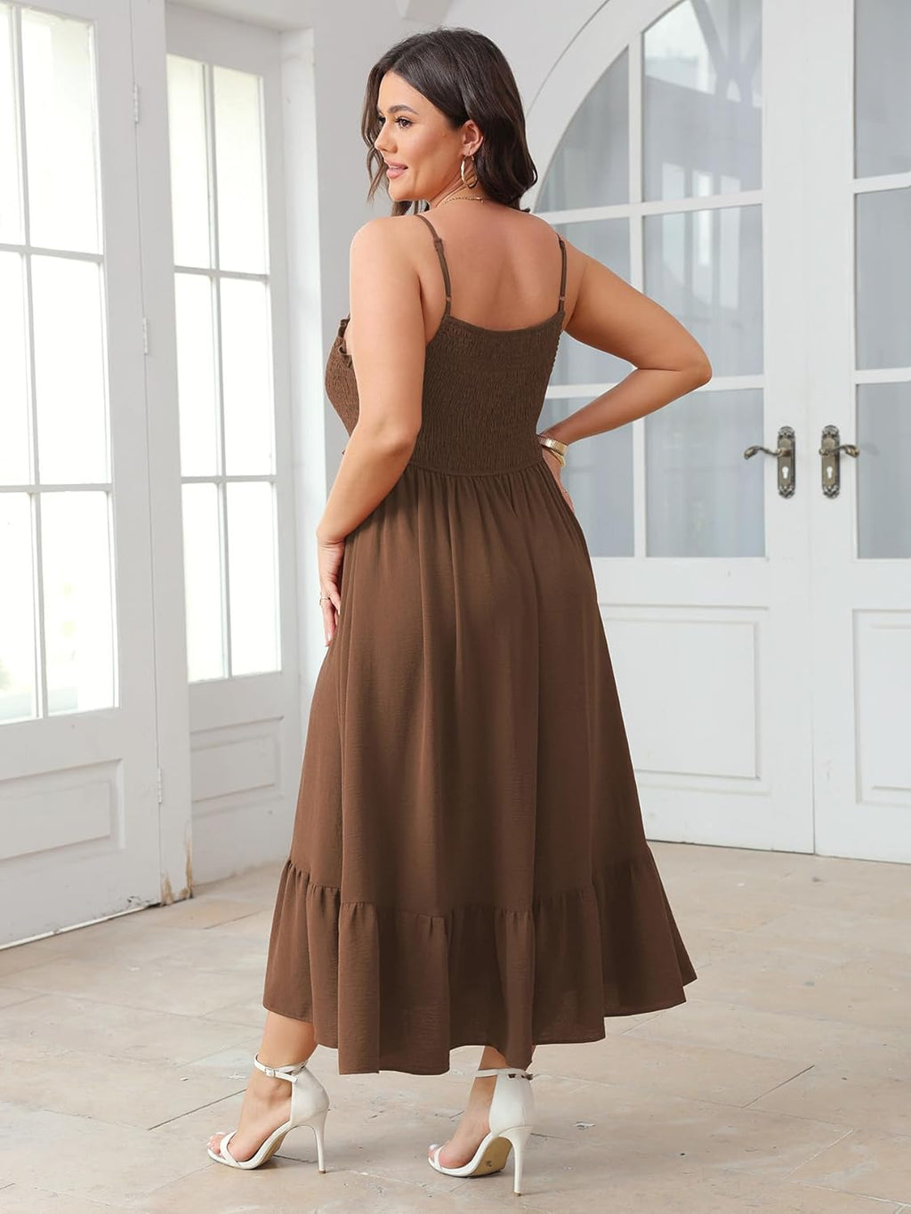 SCOMCHIC Womens Plus Size Summer Dresses Sleeveless Spaghetti Strap Button Down Smocked Beach Long Maxi Dress with Slit