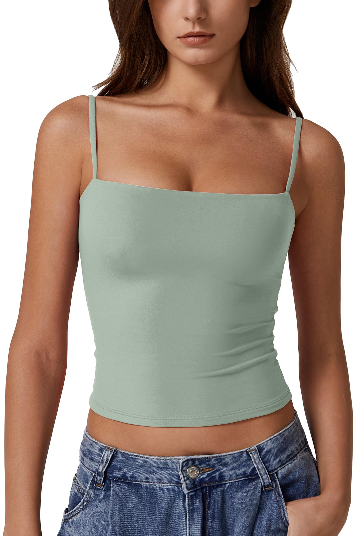 QINSEN Women's Double Lined Basic Tank Top Adjustable Spaghetti Straps Sleeveless Camisole Shirts