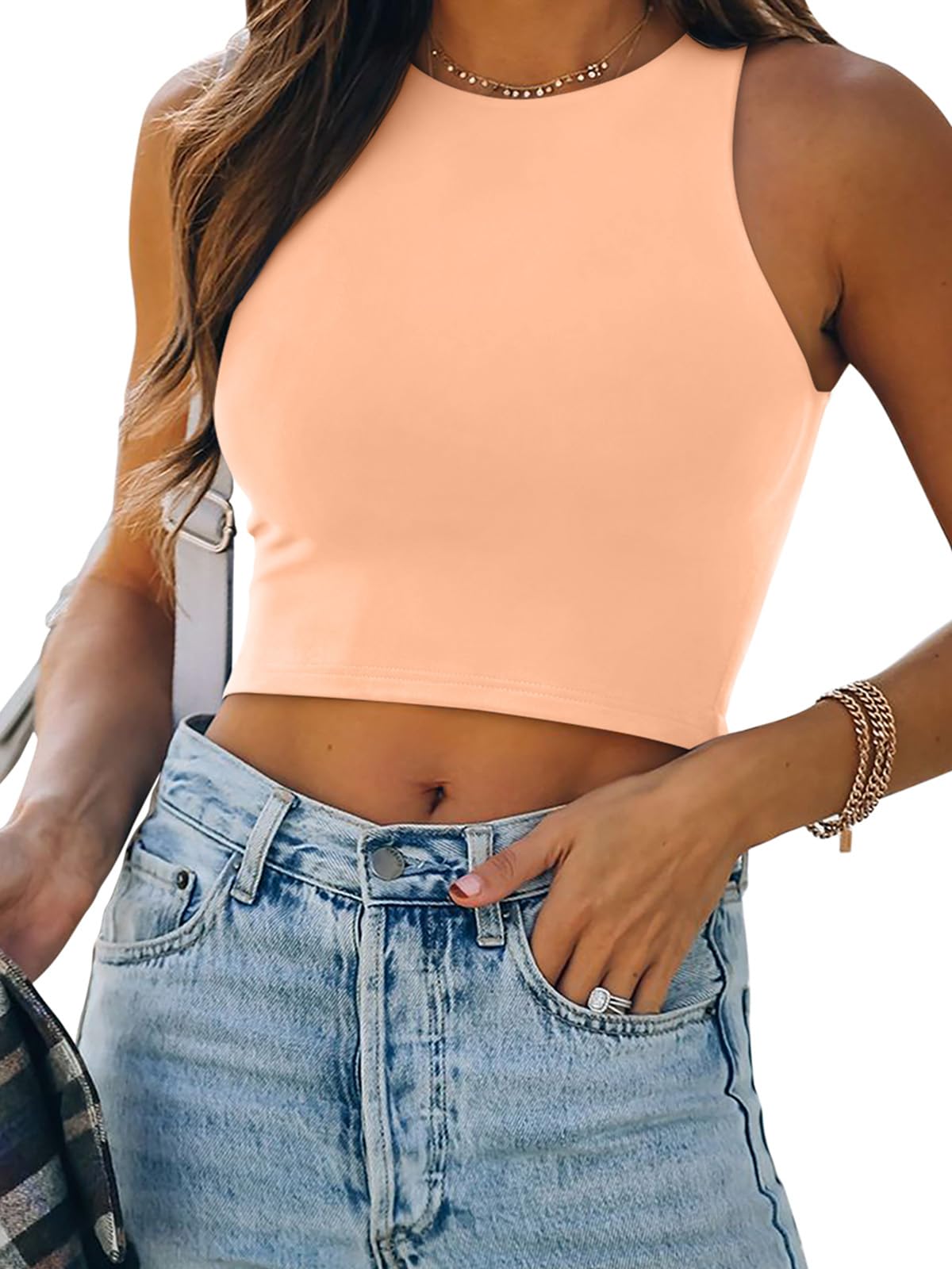 REORIA Women’s Sexy Sleeveless Racer Back Tank Tops Halter Neck Crop Tops