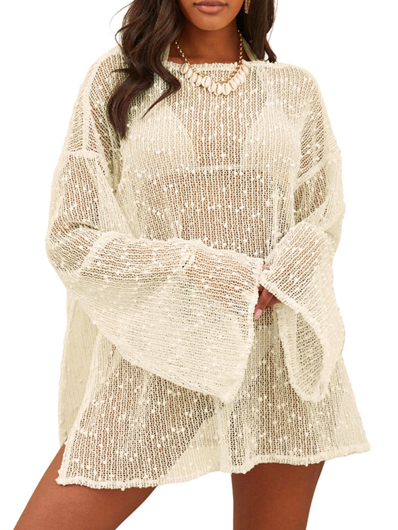 Lilosy Sexy Crochet Sheer Kaftan Caftan Beach Dress Bathing Suit Swim Coverup One Piece