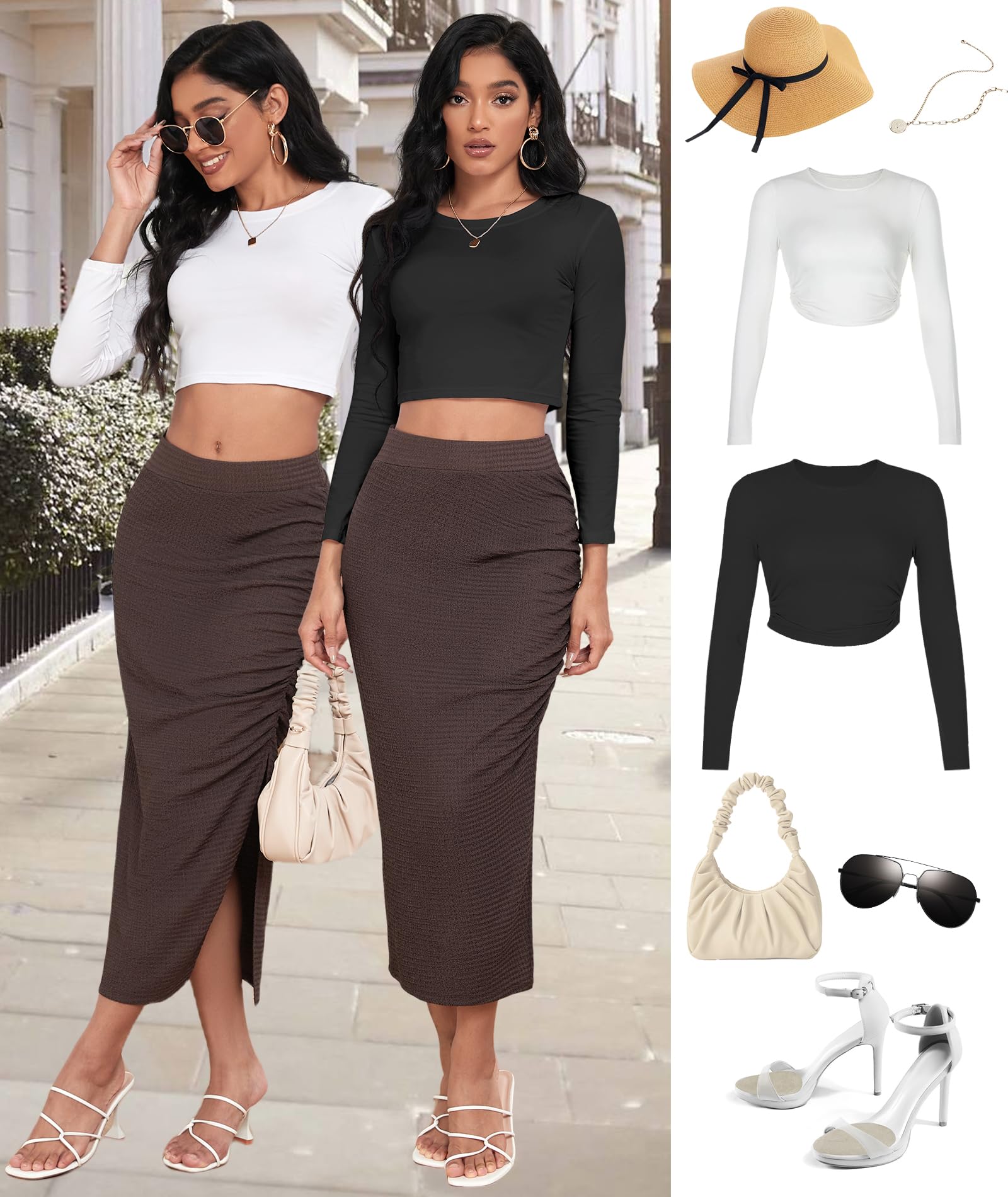 EARKOHA Pencil Midi Skirt for Women 2024 Fall Casual High Waist Ruched Ribbed Knit Stretchy Bodycon Skirt with Slit