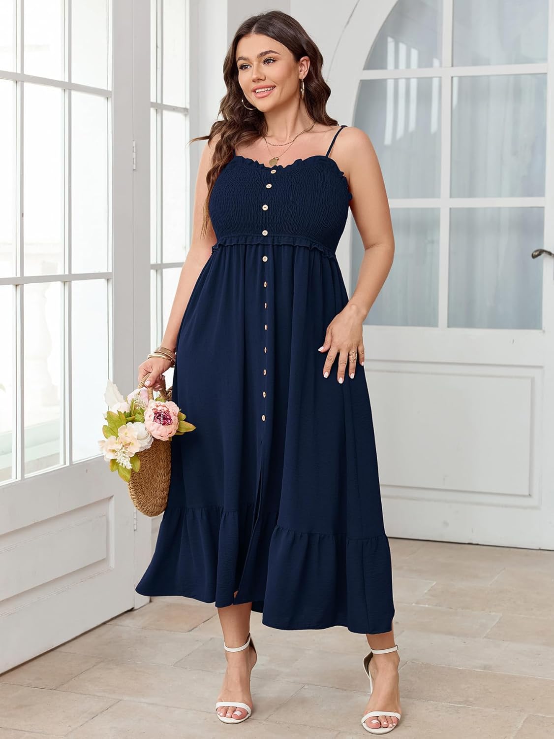 SCOMCHIC Womens Plus Size Summer Dresses Sleeveless Spaghetti Strap Button Down Smocked Beach Long Maxi Dress with Slit