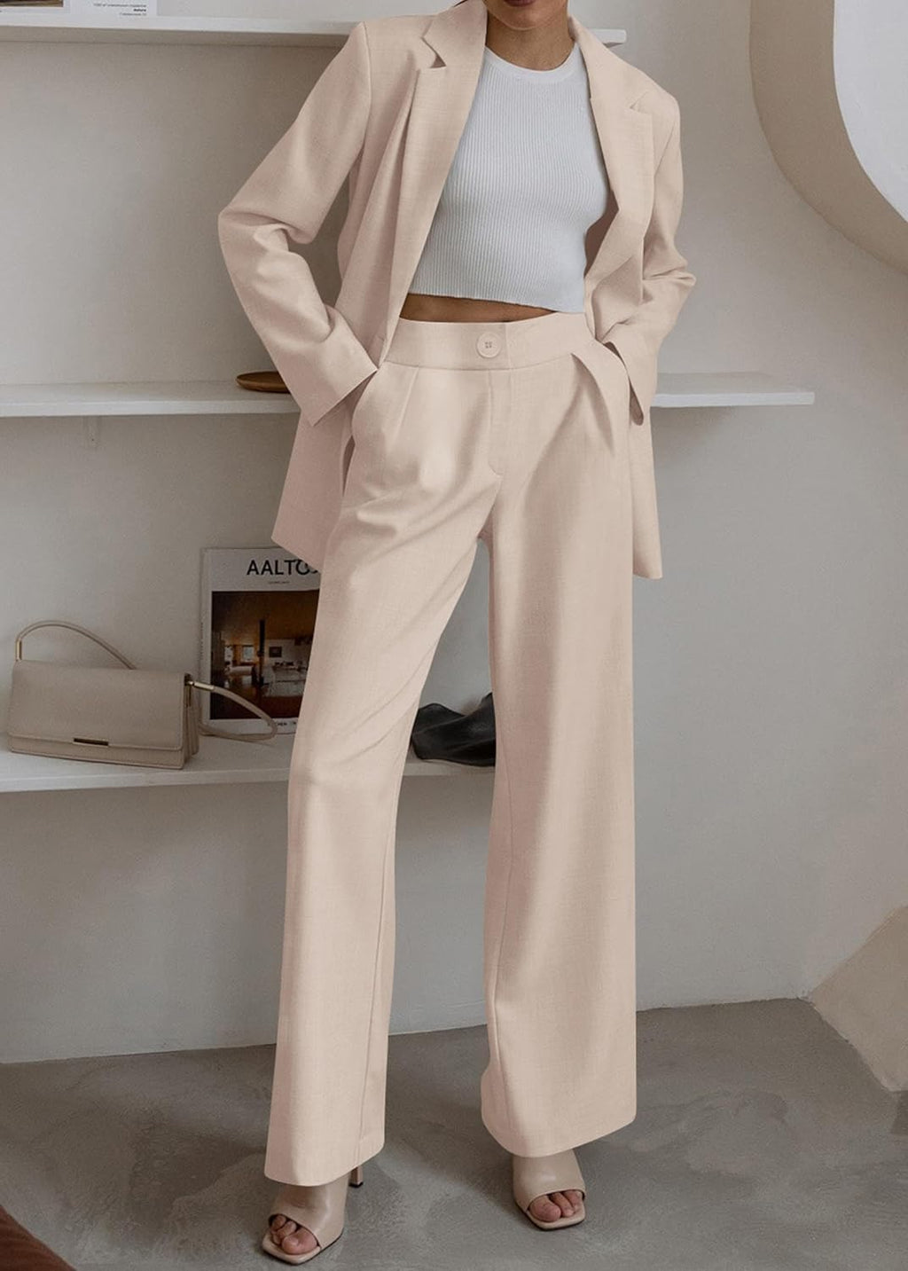 KIRUNDO Women's 2025 Spring Fall 2 Piece Blazer Set Casual Loose Long Blazer Jackets and Dressy Wide Leg Pant Suits Pockets