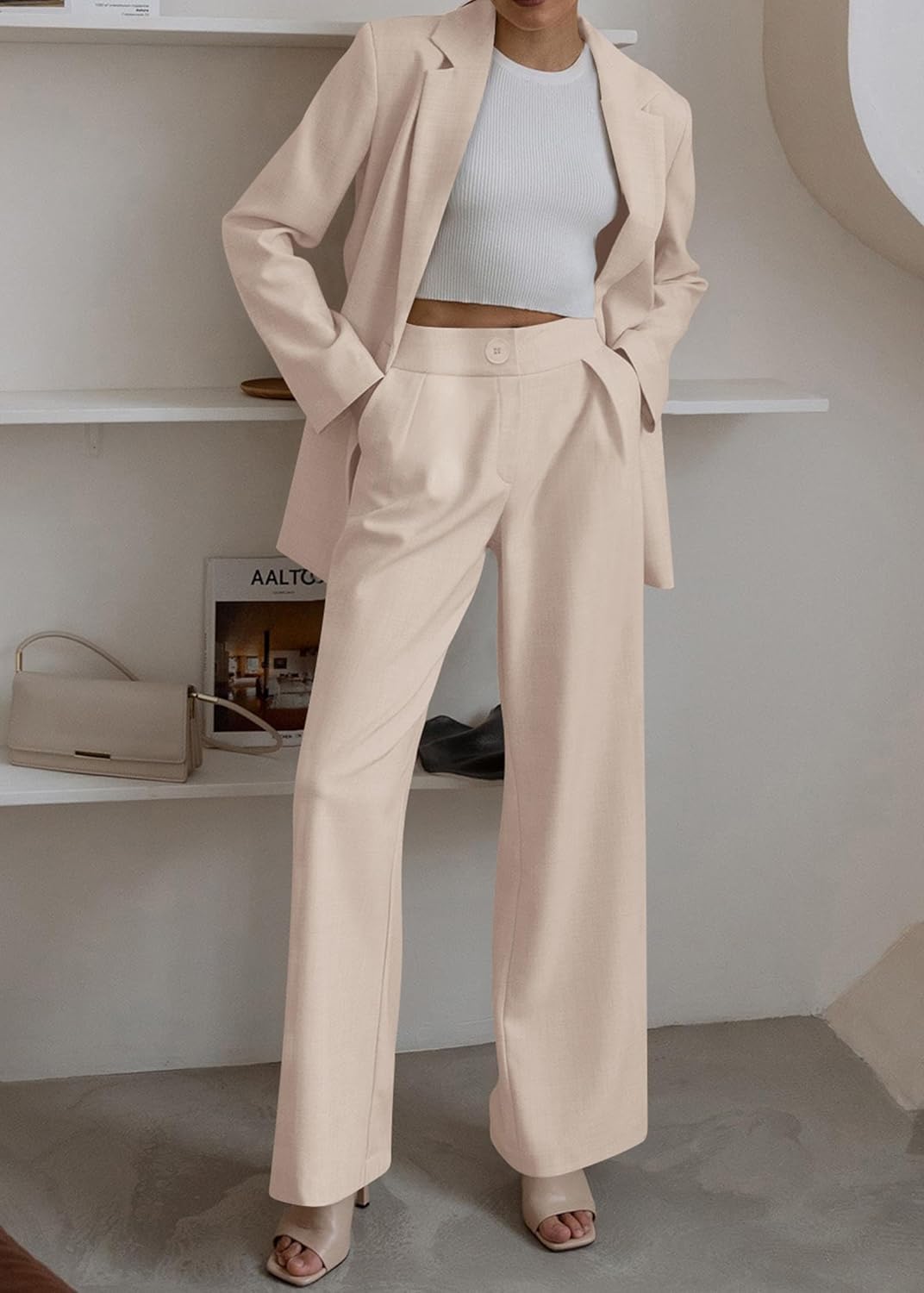 KIRUNDO Women's 2025 Spring Fall 2 Piece Blazer Set Casual Loose Long Blazer Jackets and Dressy Wide Leg Pant Suits Pockets