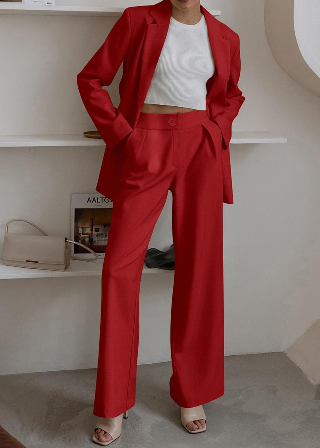 KIRUNDO Women's 2025 Spring Fall 2 Piece Blazer Set Casual Loose Long Blazer Jackets and Dressy Wide Leg Pant Suits Pockets