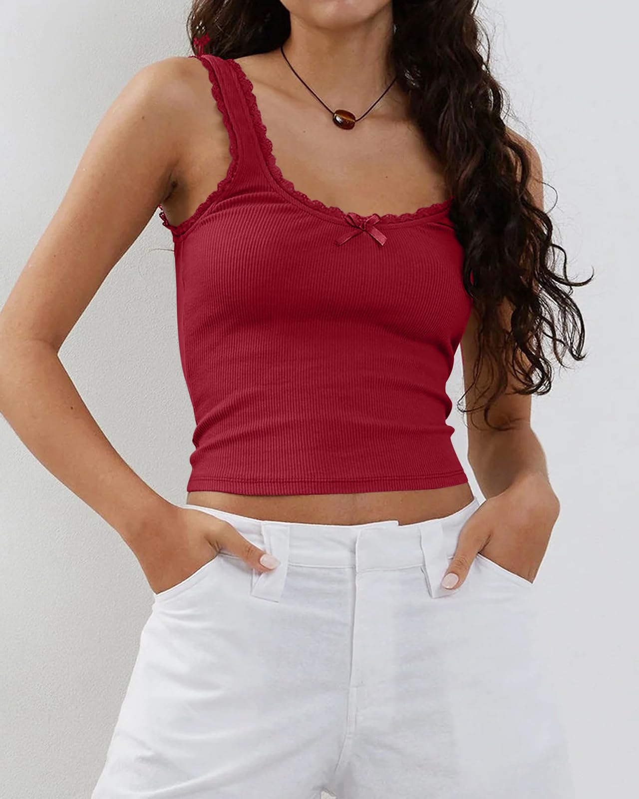 Women's Tank Tops Cute Slim Fitted Ribbed Knit Bow Lace Camisole Top Sexy Summer Square Neck Sleeveless Going Out Tops