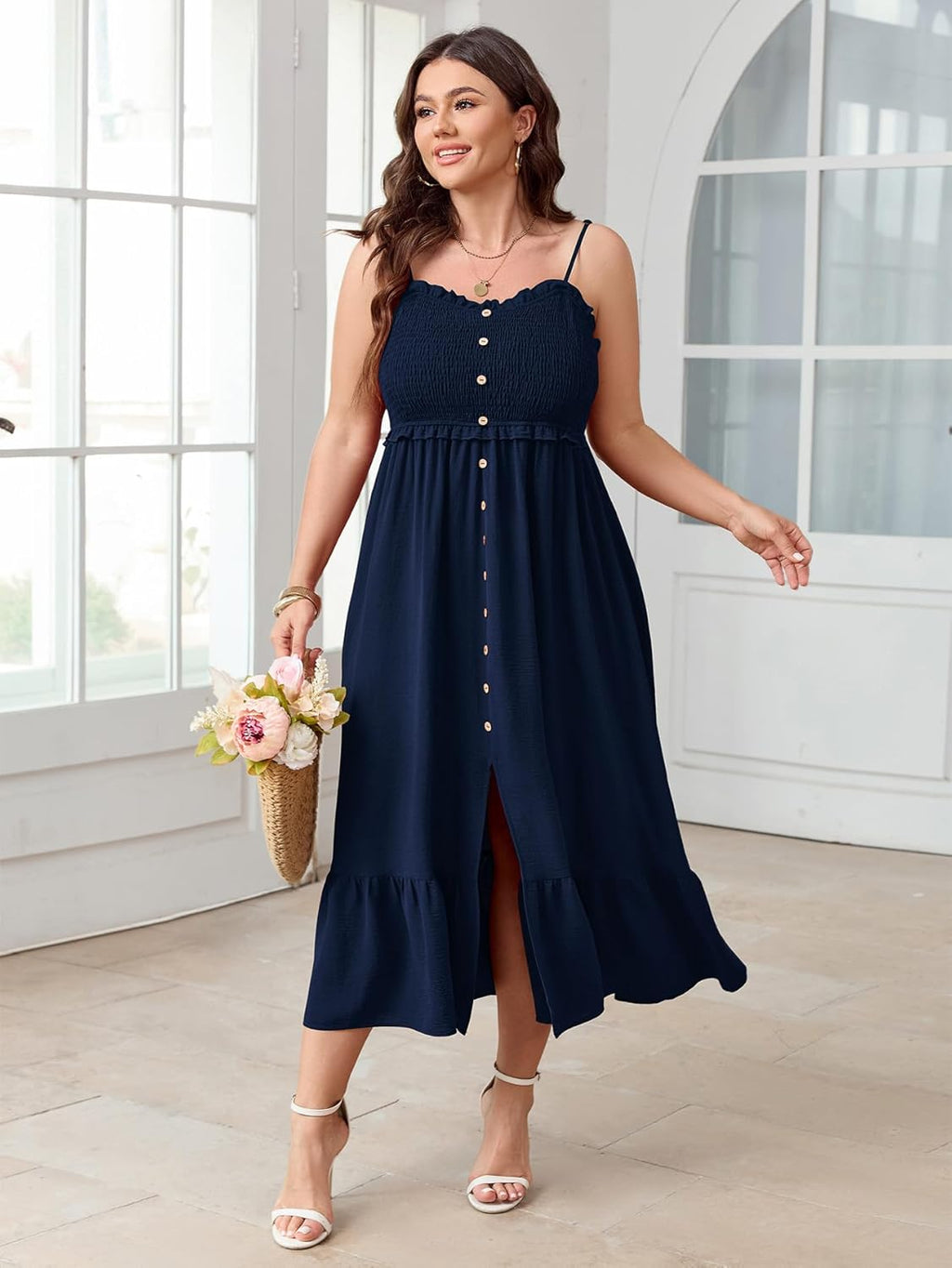 SCOMCHIC Womens Plus Size Summer Dresses Sleeveless Spaghetti Strap Button Down Smocked Beach Long Maxi Dress with Slit
