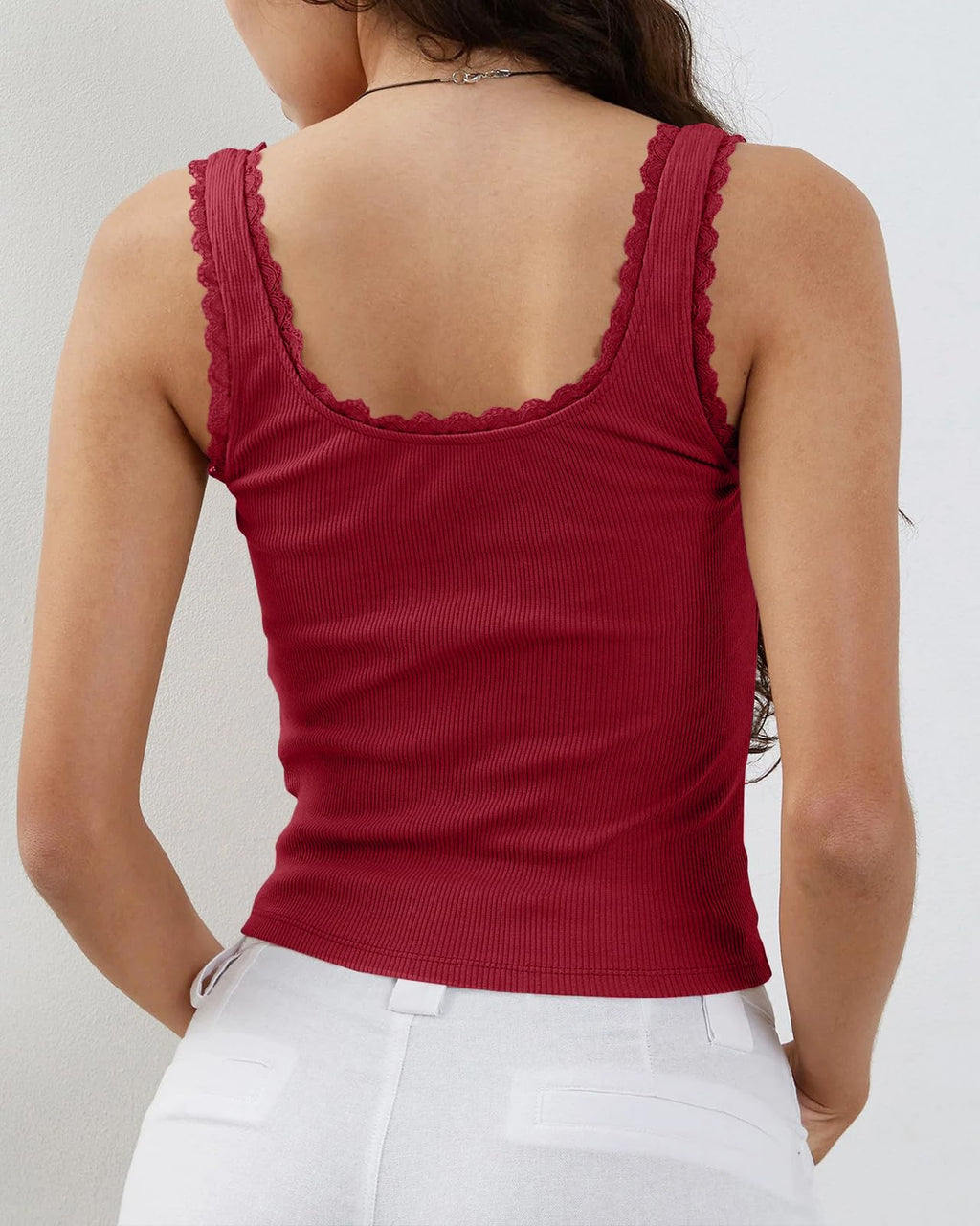 Women's Tank Tops Cute Slim Fitted Ribbed Knit Bow Lace Camisole Top Sexy Summer Square Neck Sleeveless Going Out Tops