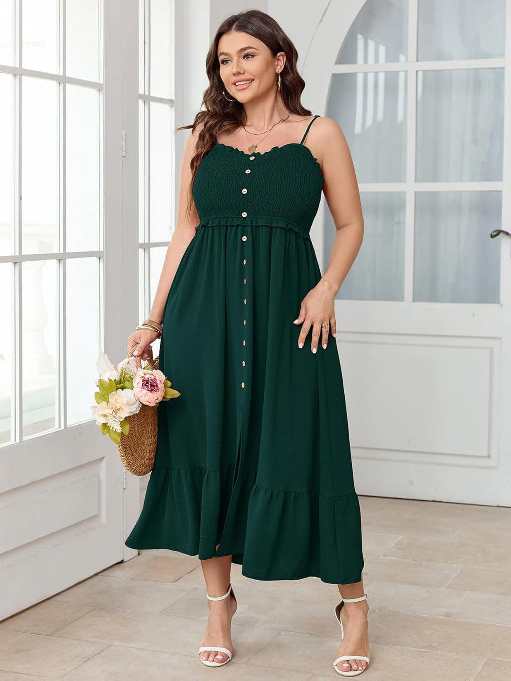 SCOMCHIC Womens Plus Size Summer Dresses Sleeveless Spaghetti Strap Button Down Smocked Beach Long Maxi Dress with Slit