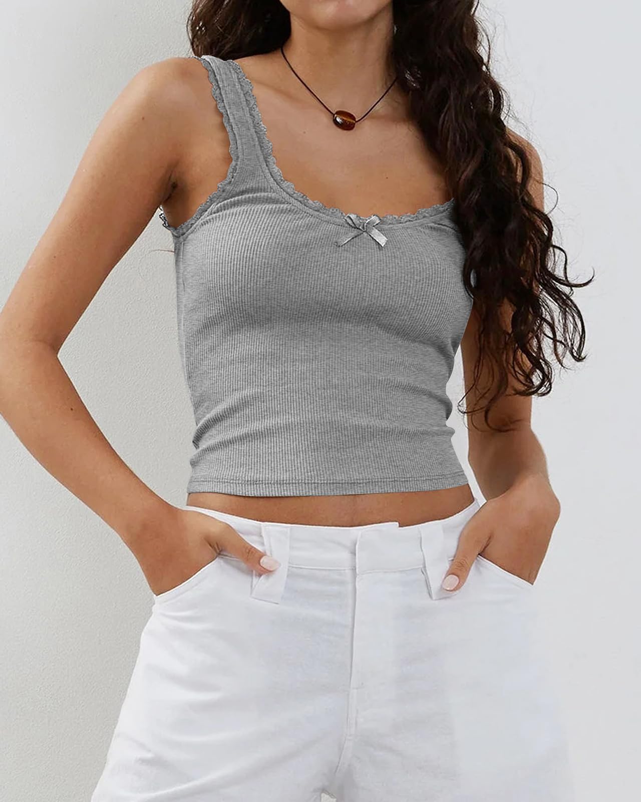 Women's Tank Tops Cute Slim Fitted Ribbed Knit Bow Lace Camisole Top Sexy Summer Square Neck Sleeveless Going Out Tops