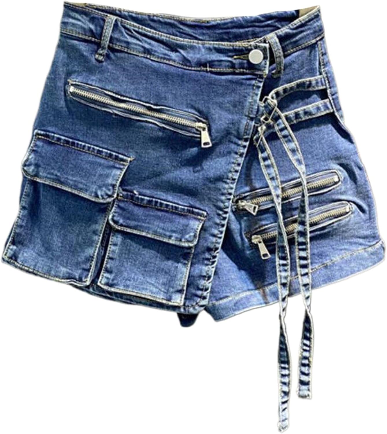 JYHBHMZG Women's Irregular Multi-Pocket Design Denim Shorts Skirts,High Waist,Loose Fit,Wide Leg Jeans for Spring