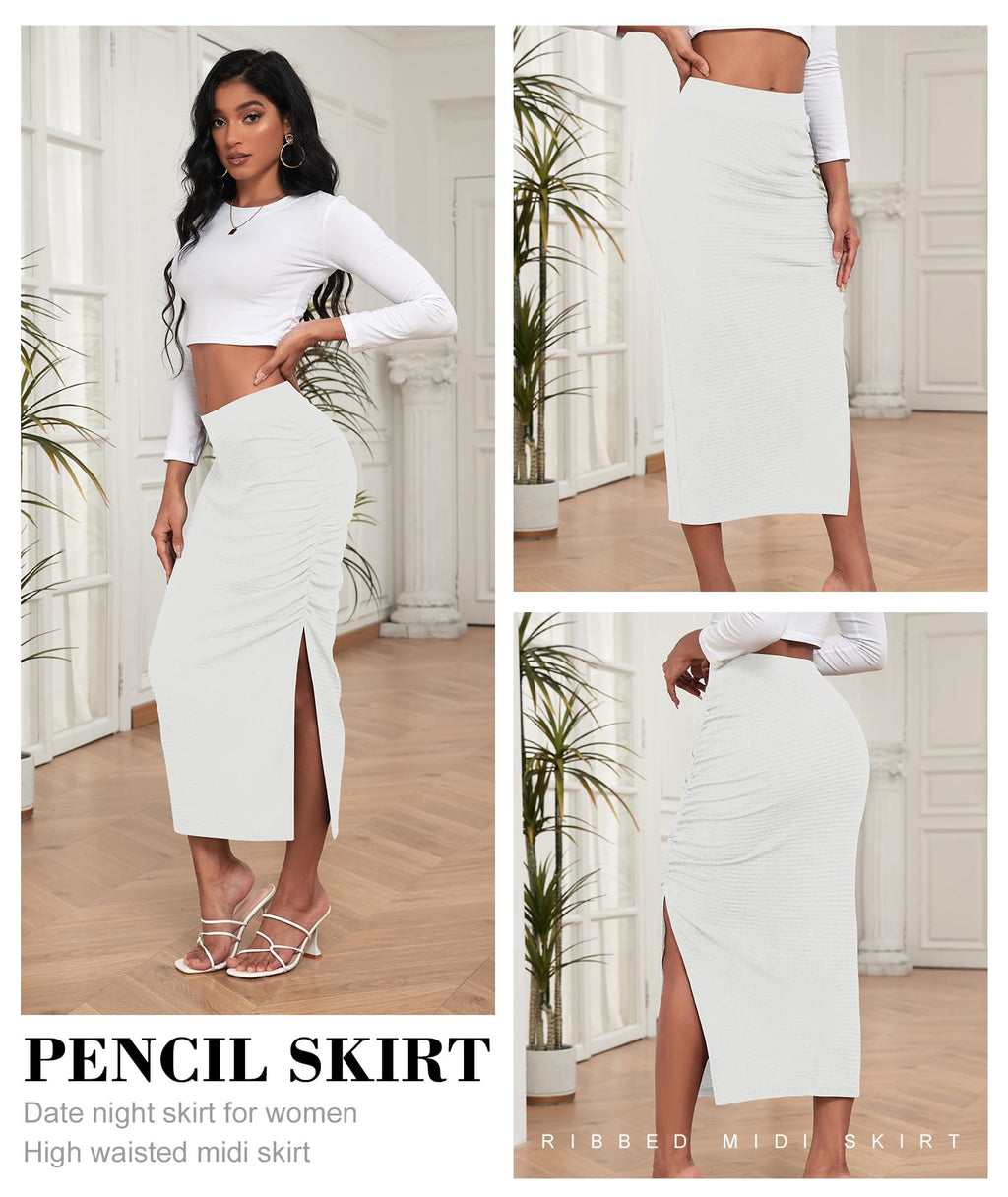 EARKOHA Pencil Midi Skirt for Women 2024 Fall Casual High Waist Ruched Ribbed Knit Stretchy Bodycon Skirt with Slit