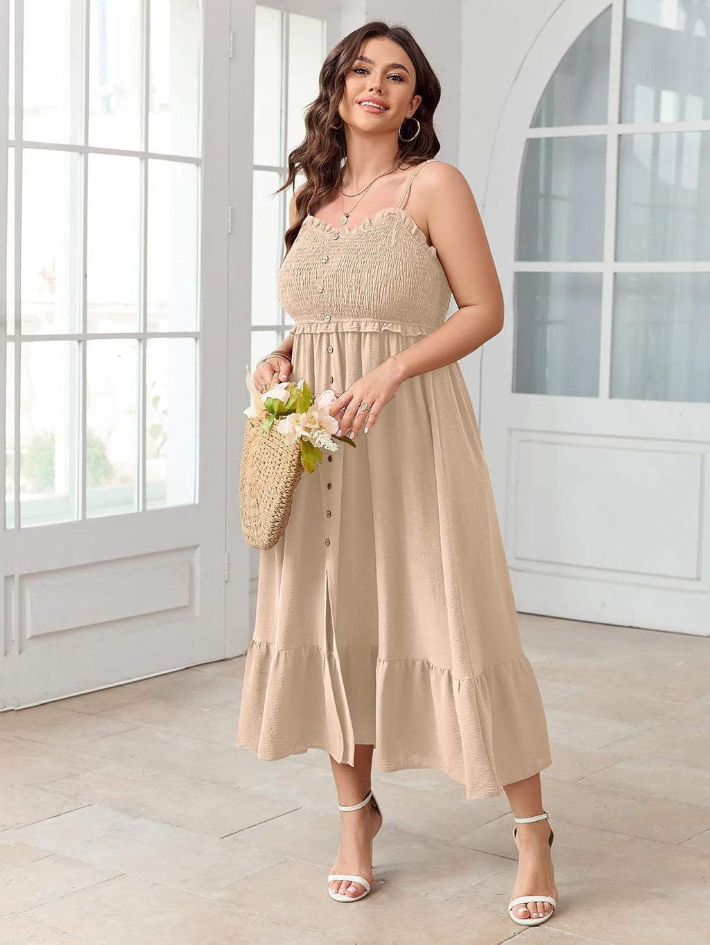 SCOMCHIC Womens Plus Size Summer Dresses Sleeveless Spaghetti Strap Button Down Smocked Beach Long Maxi Dress with Slit