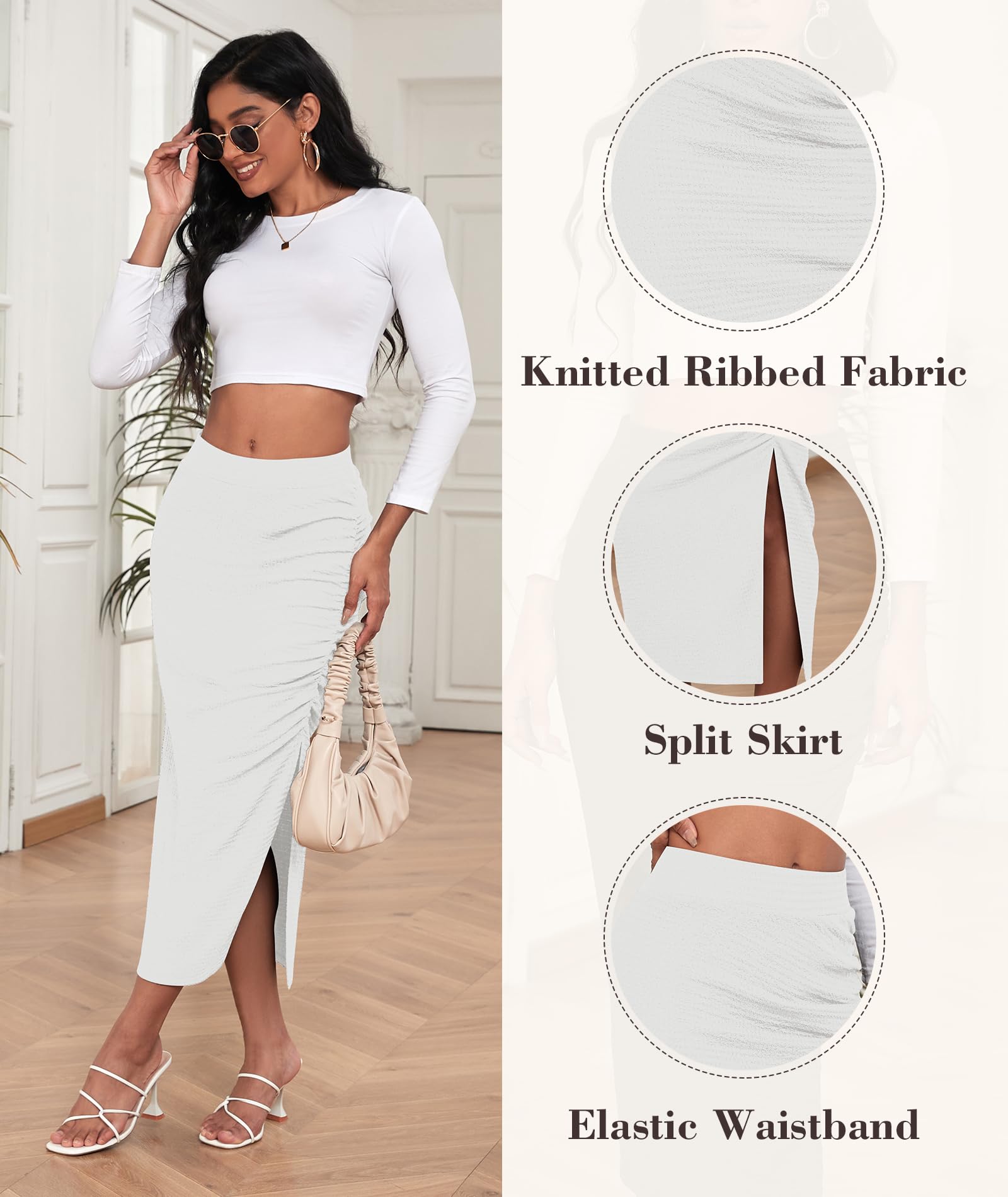 EARKOHA Pencil Midi Skirt for Women 2024 Fall Casual High Waist Ruched Ribbed Knit Stretchy Bodycon Skirt with Slit