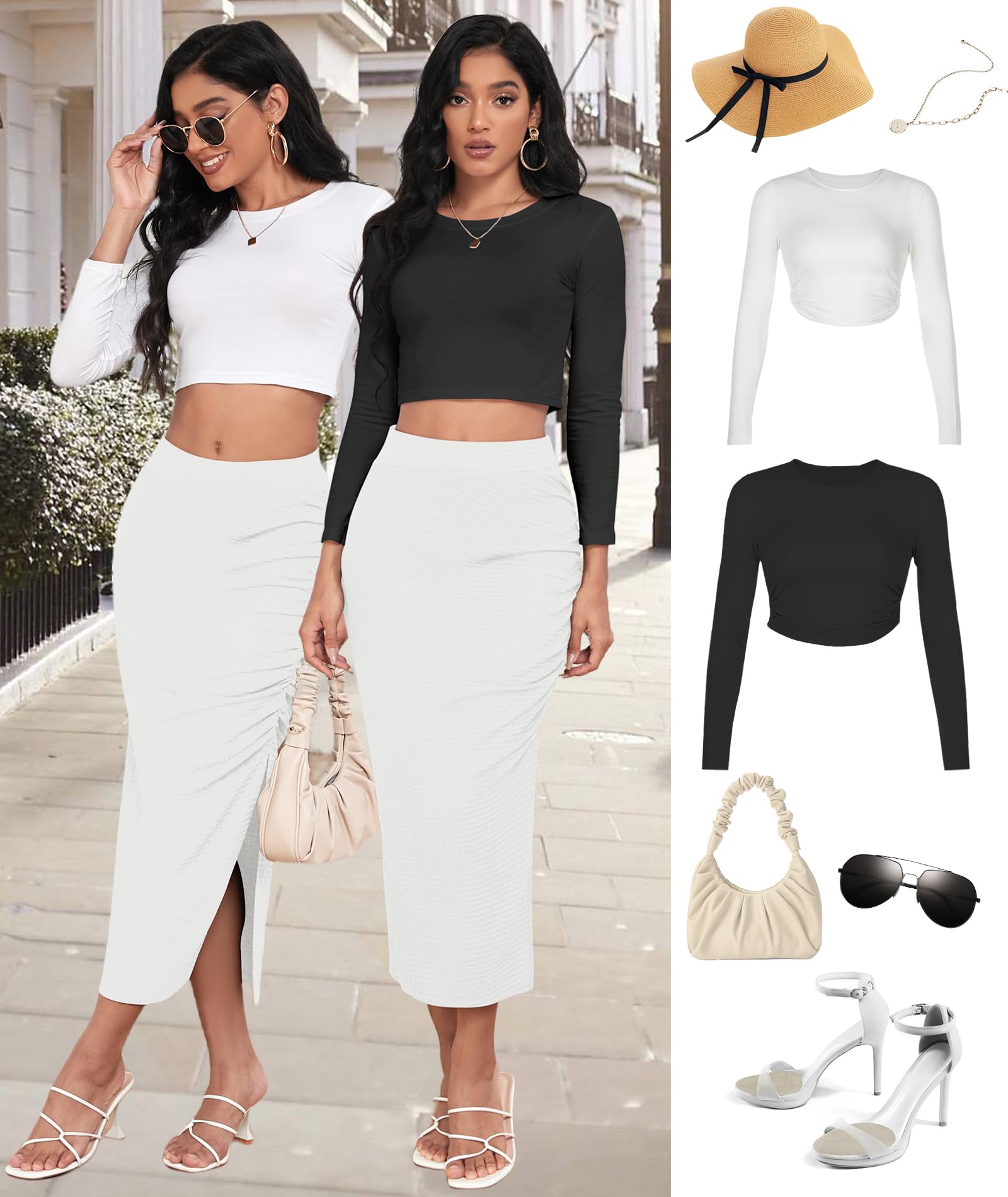 EARKOHA Pencil Midi Skirt for Women 2024 Fall Casual High Waist Ruched Ribbed Knit Stretchy Bodycon Skirt with Slit