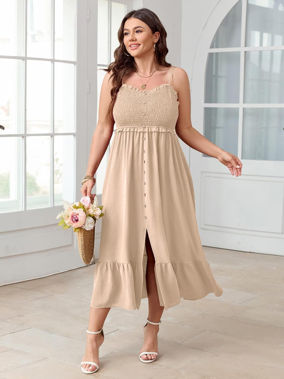 SCOMCHIC Womens Plus Size Summer Dresses Sleeveless Spaghetti Strap Button Down Smocked Beach Long Maxi Dress with Slit