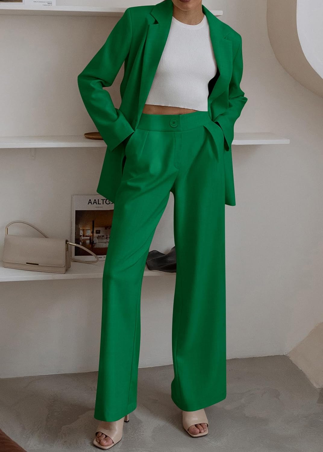 KIRUNDO Women's 2025 Spring Fall 2 Piece Blazer Set Casual Loose Long Blazer Jackets and Dressy Wide Leg Pant Suits Pockets