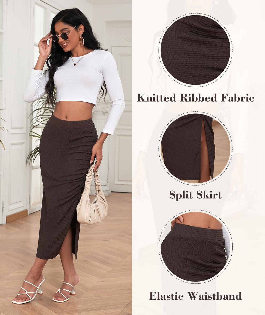 EARKOHA Pencil Midi Skirt for Women 2024 Fall Casual High Waist Ruched Ribbed Knit Stretchy Bodycon Skirt with Slit
