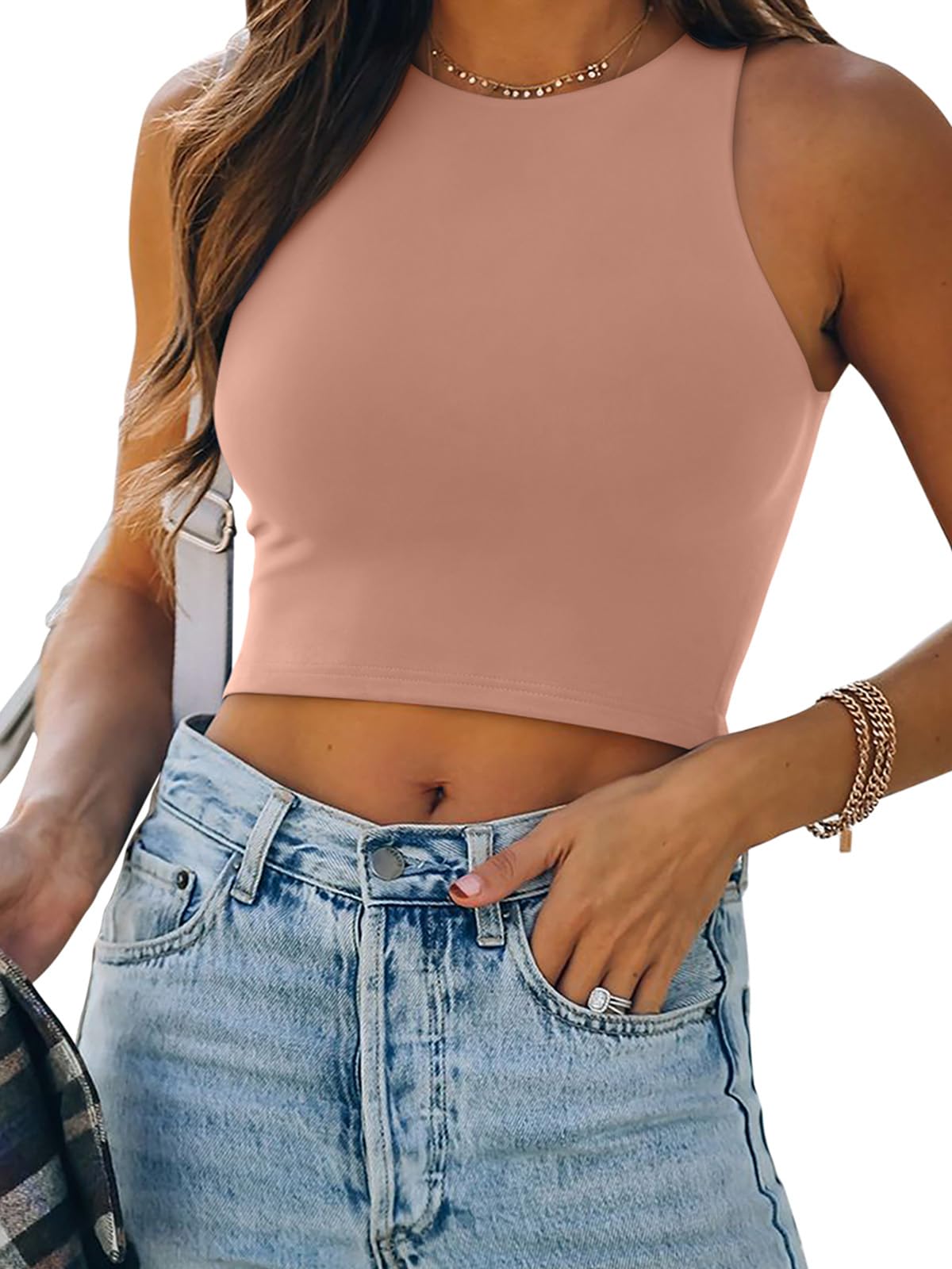 REORIA Women’s Sexy Sleeveless Racer Back Tank Tops Halter Neck Crop Tops