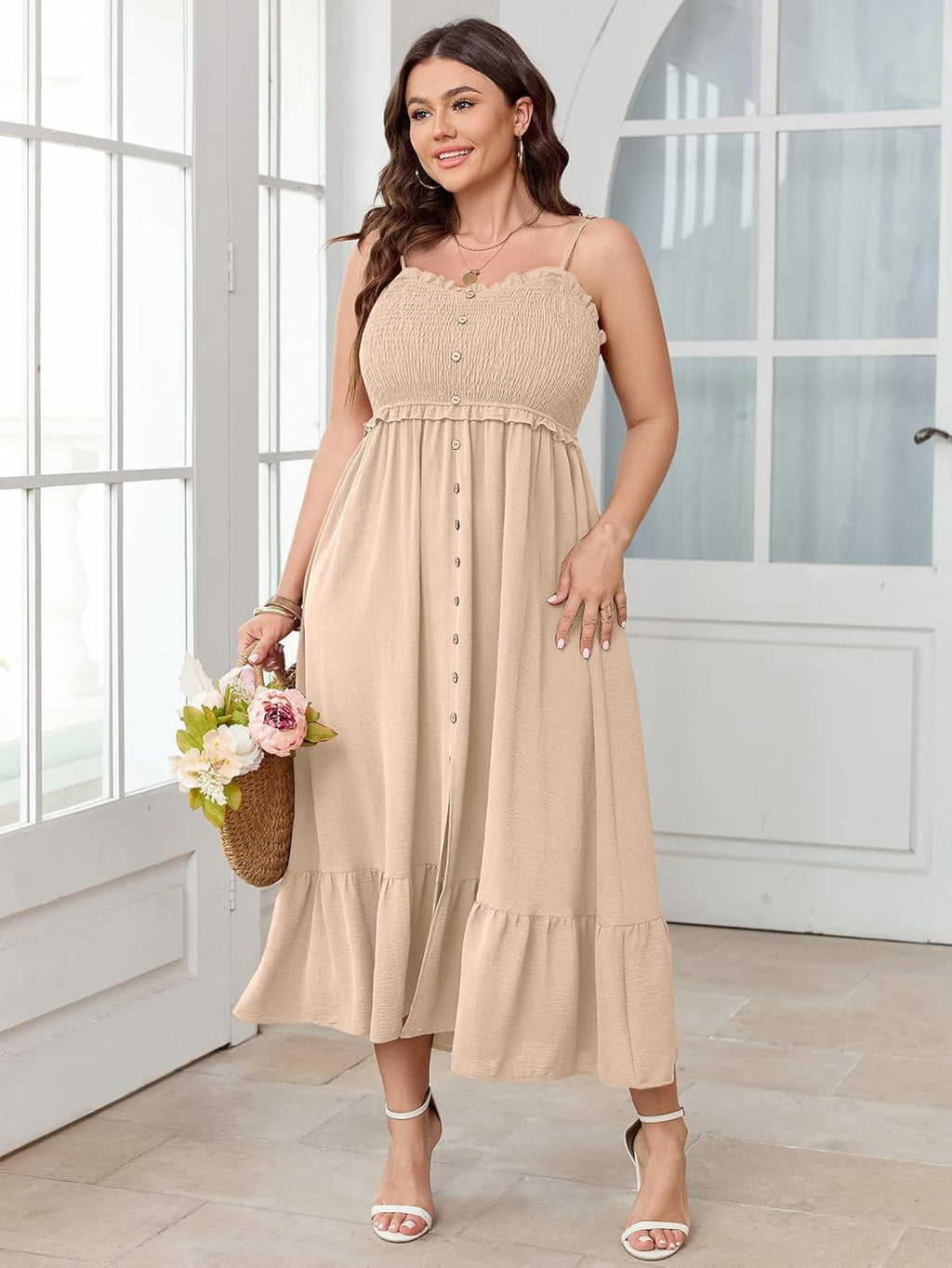 SCOMCHIC Womens Plus Size Summer Dresses Sleeveless Spaghetti Strap Button Down Smocked Beach Long Maxi Dress with Slit