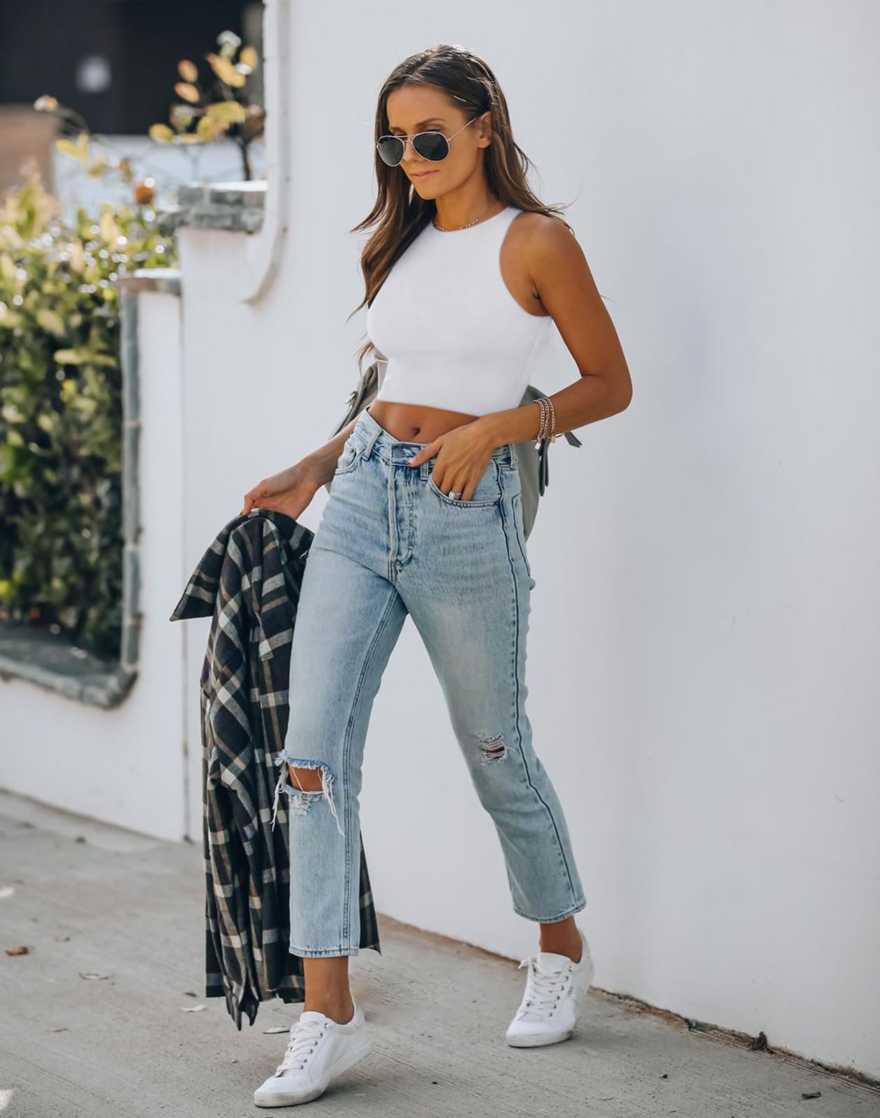 REORIA Women’s Sexy Sleeveless Racer Back Tank Tops Halter Neck Crop Tops