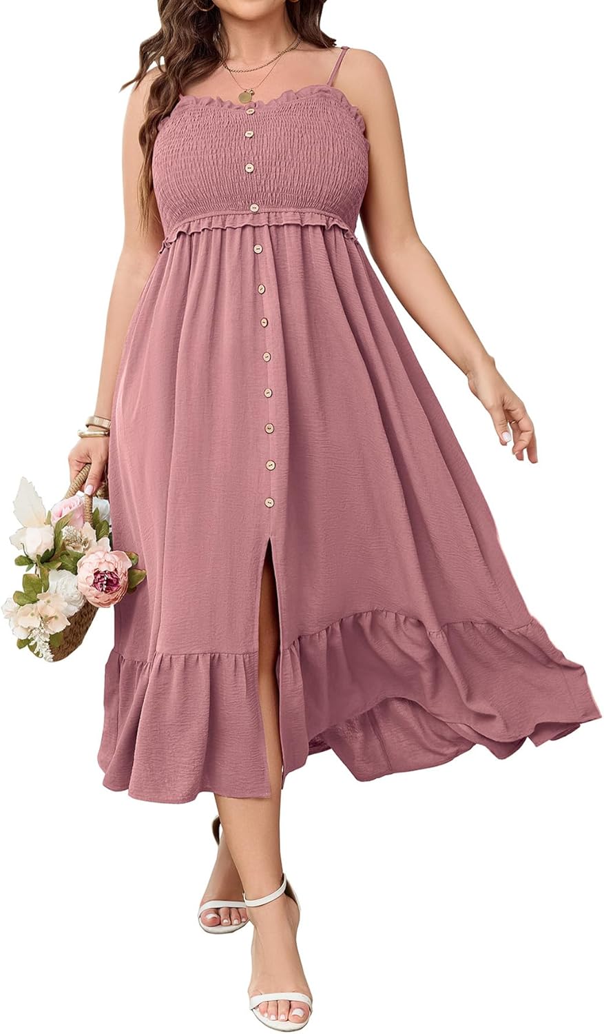 SCOMCHIC Womens Plus Size Summer Dresses Sleeveless Spaghetti Strap Button Down Smocked Beach Long Maxi Dress with Slit