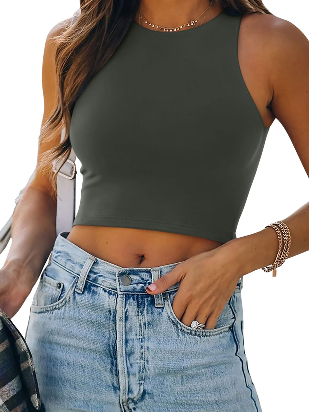 REORIA Women’s Sexy Sleeveless Racer Back Tank Tops Halter Neck Crop Tops