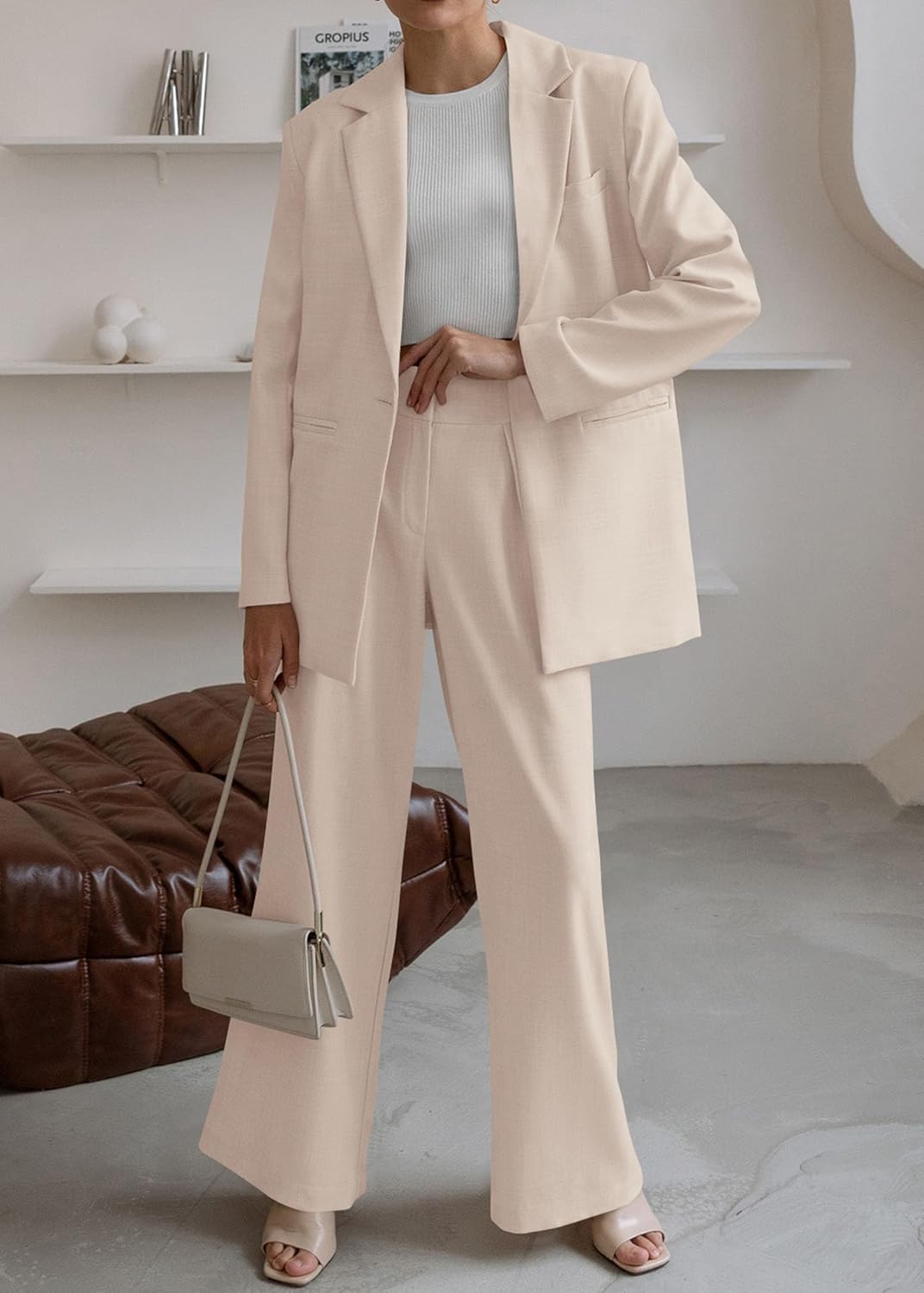 KIRUNDO Women's 2025 Spring Fall 2 Piece Blazer Set Casual Loose Long Blazer Jackets and Dressy Wide Leg Pant Suits Pockets