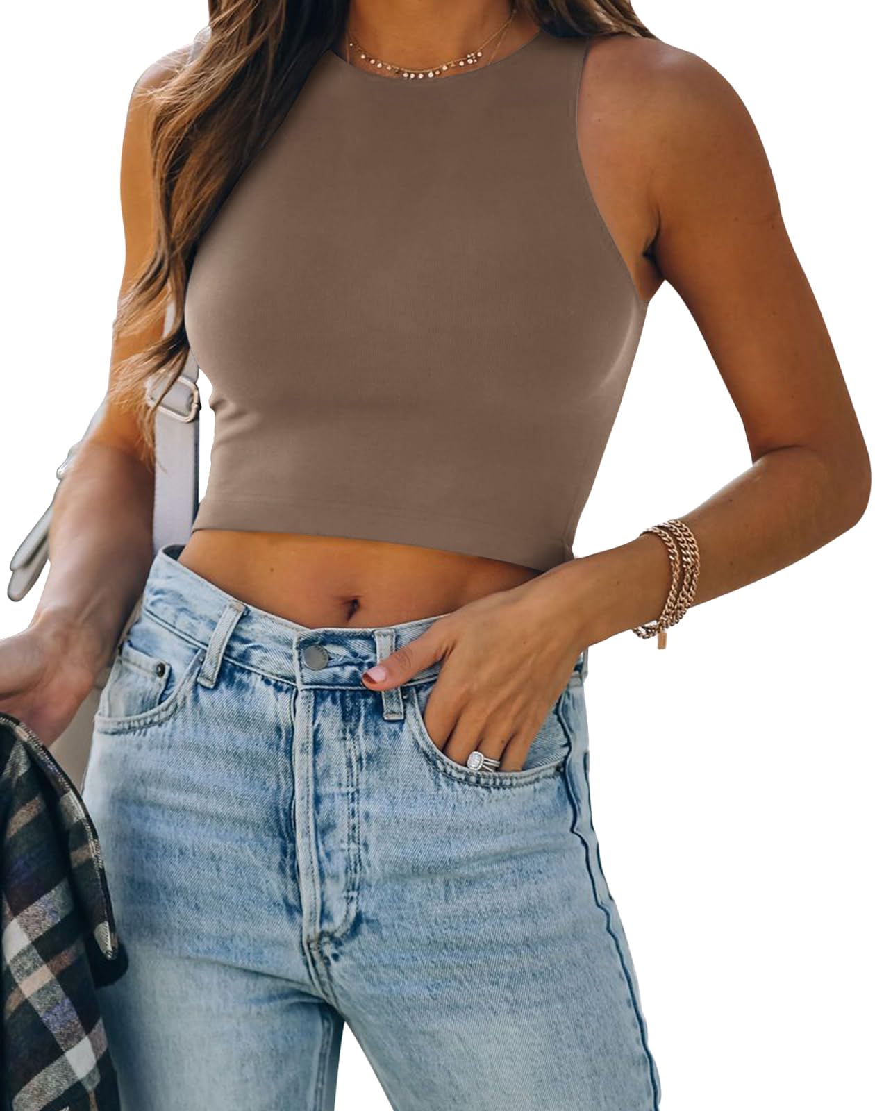 REORIA Women’s Sexy Sleeveless Racer Back Tank Tops Halter Neck Crop Tops