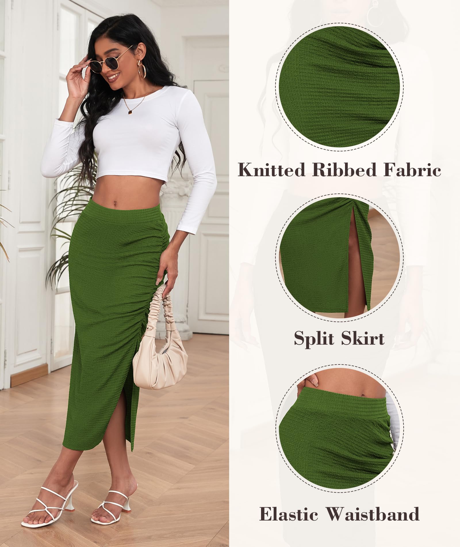 EARKOHA Pencil Midi Skirt for Women 2024 Fall Casual High Waist Ruched Ribbed Knit Stretchy Bodycon Skirt with Slit