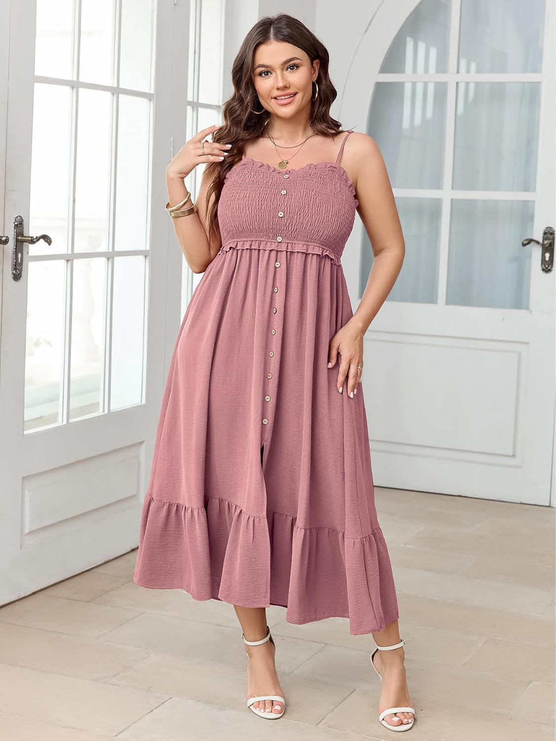 SCOMCHIC Womens Plus Size Summer Dresses Sleeveless Spaghetti Strap Button Down Smocked Beach Long Maxi Dress with Slit