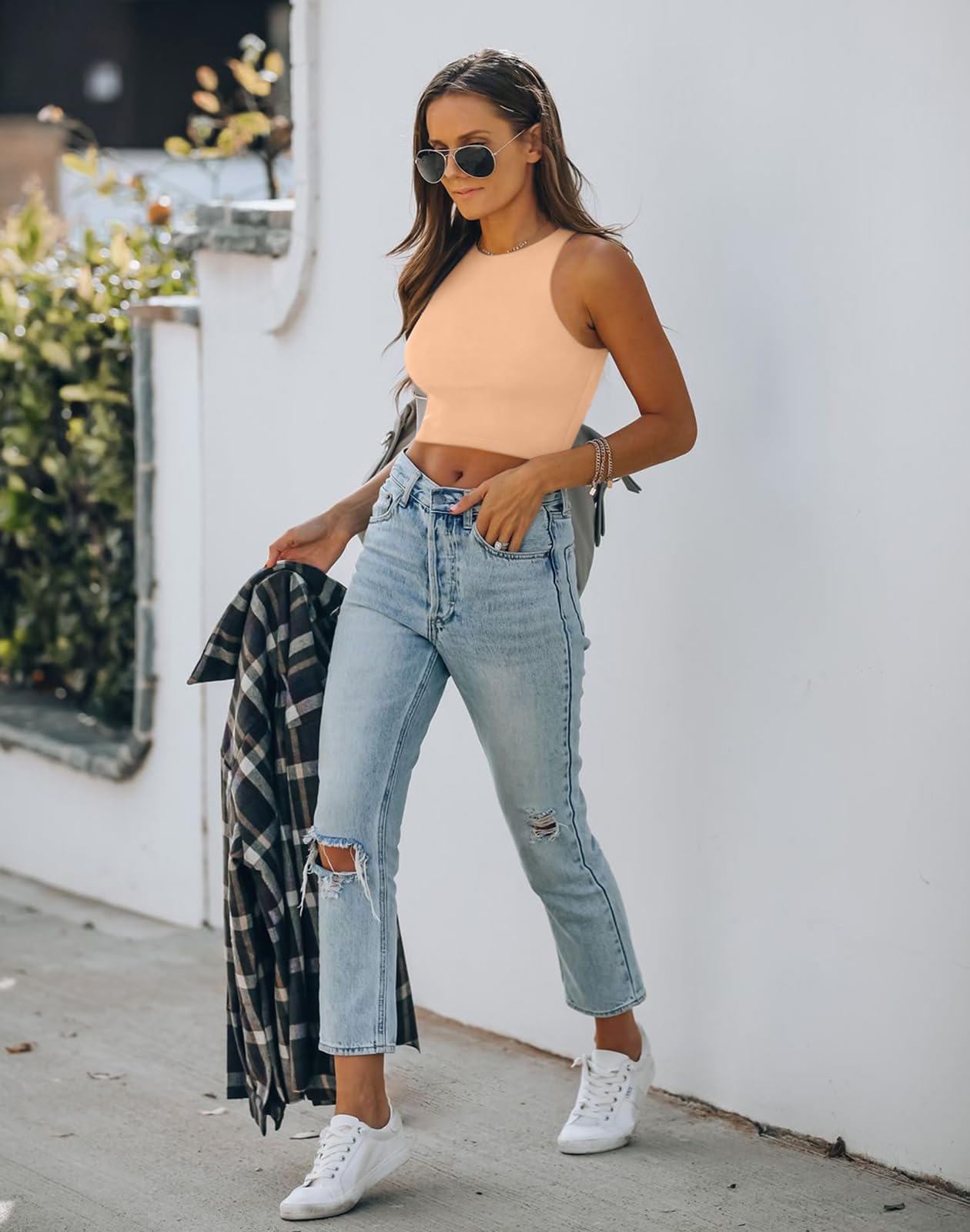 REORIA Women’s Sexy Sleeveless Racer Back Tank Tops Halter Neck Crop Tops