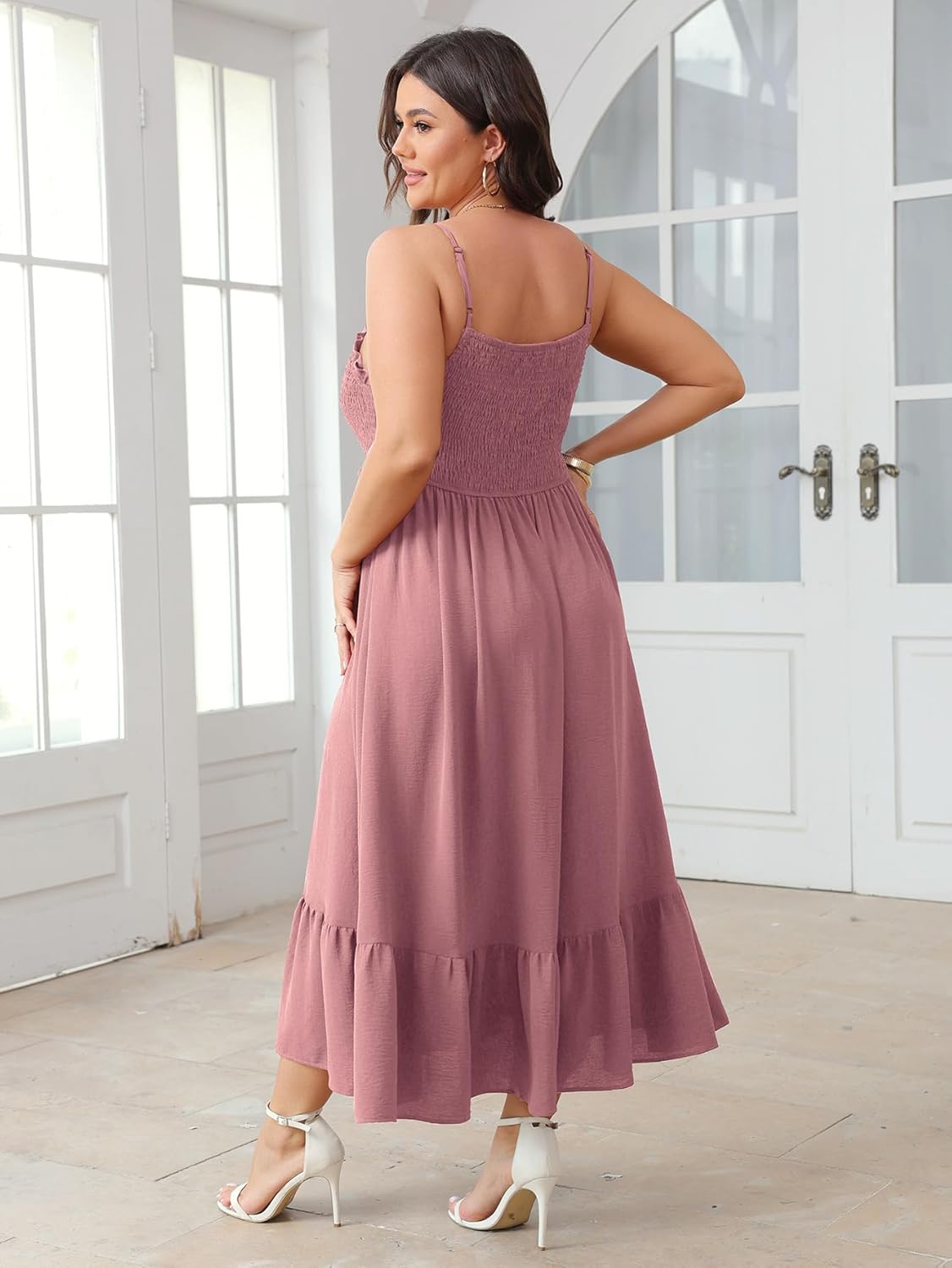 SCOMCHIC Womens Plus Size Summer Dresses Sleeveless Spaghetti Strap Button Down Smocked Beach Long Maxi Dress with Slit