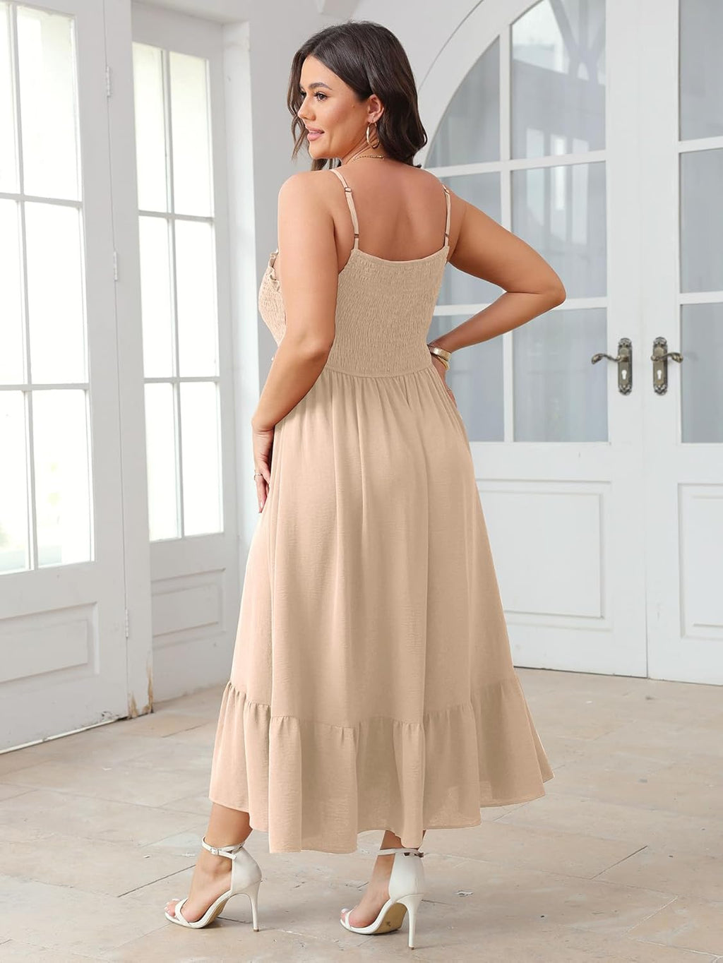 SCOMCHIC Womens Plus Size Summer Dresses Sleeveless Spaghetti Strap Button Down Smocked Beach Long Maxi Dress with Slit