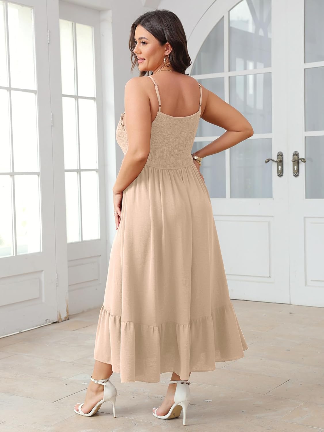 SCOMCHIC Womens Plus Size Summer Dresses Sleeveless Spaghetti Strap Button Down Smocked Beach Long Maxi Dress with Slit