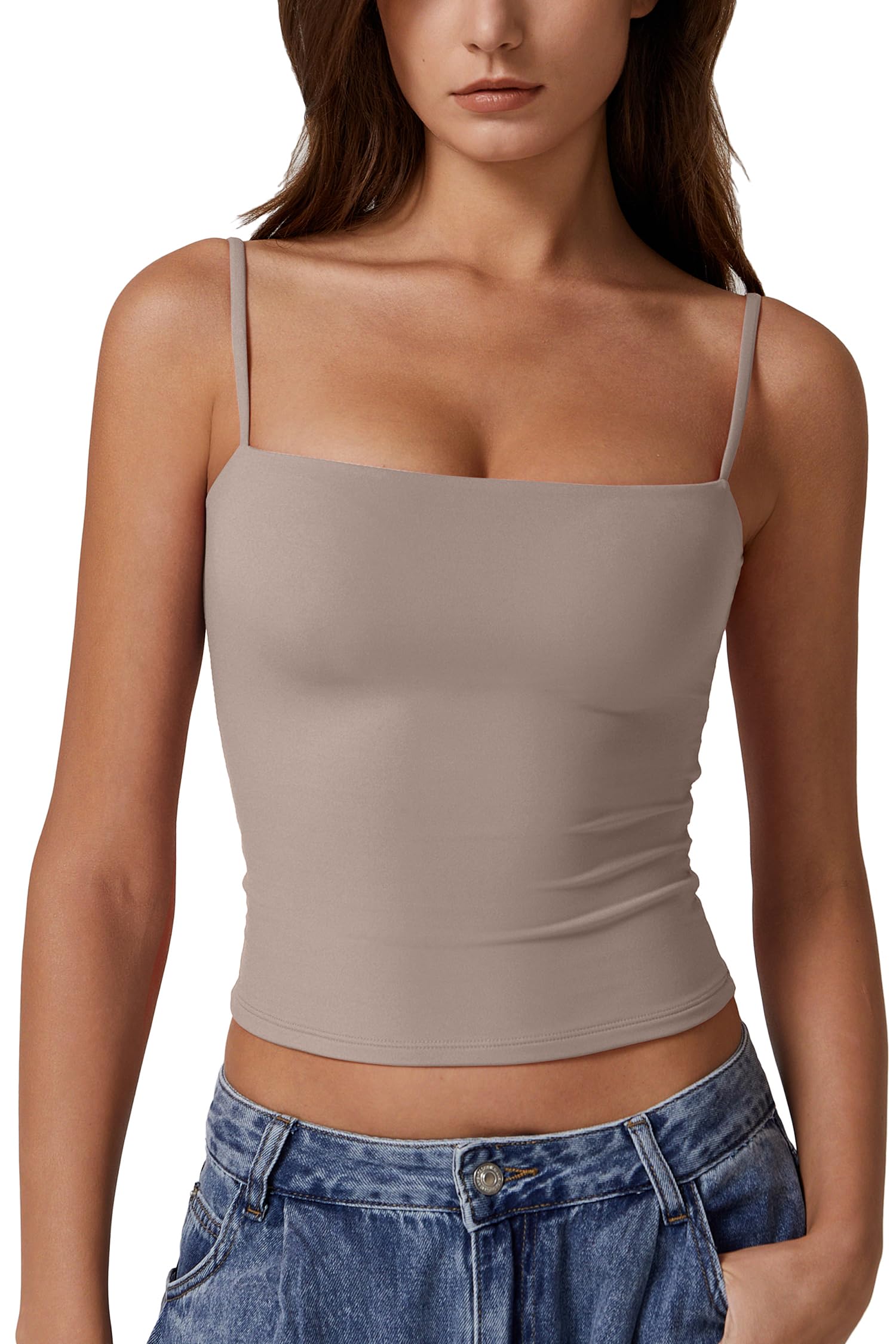 QINSEN Women's Double Lined Basic Tank Top Adjustable Spaghetti Straps Sleeveless Camisole Shirts