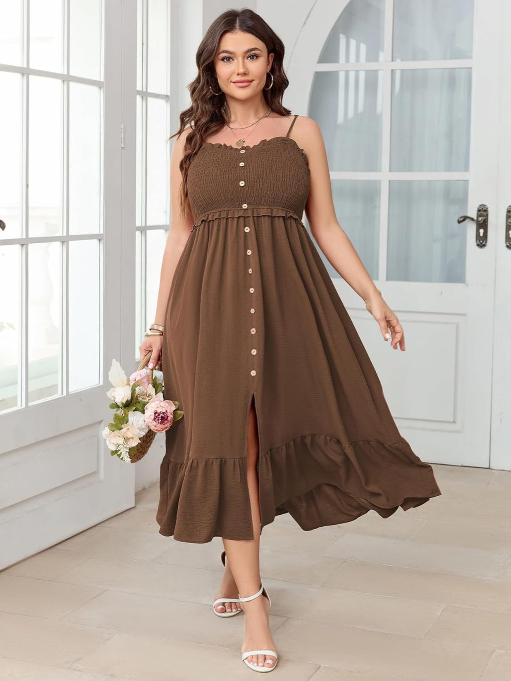 SCOMCHIC Womens Plus Size Summer Dresses Sleeveless Spaghetti Strap Button Down Smocked Beach Long Maxi Dress with Slit