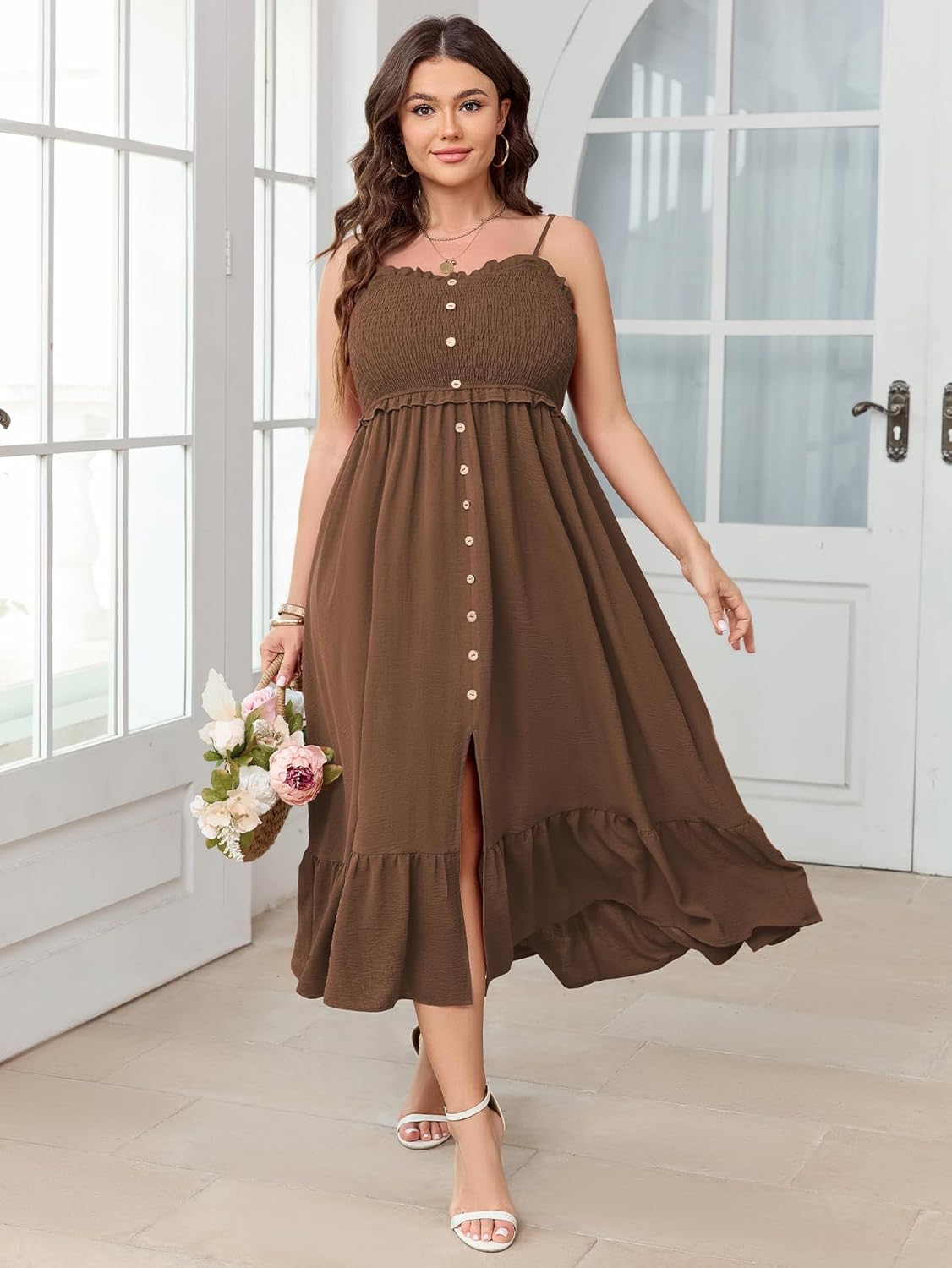 SCOMCHIC Womens Plus Size Summer Dresses Sleeveless Spaghetti Strap Button Down Smocked Beach Long Maxi Dress with Slit